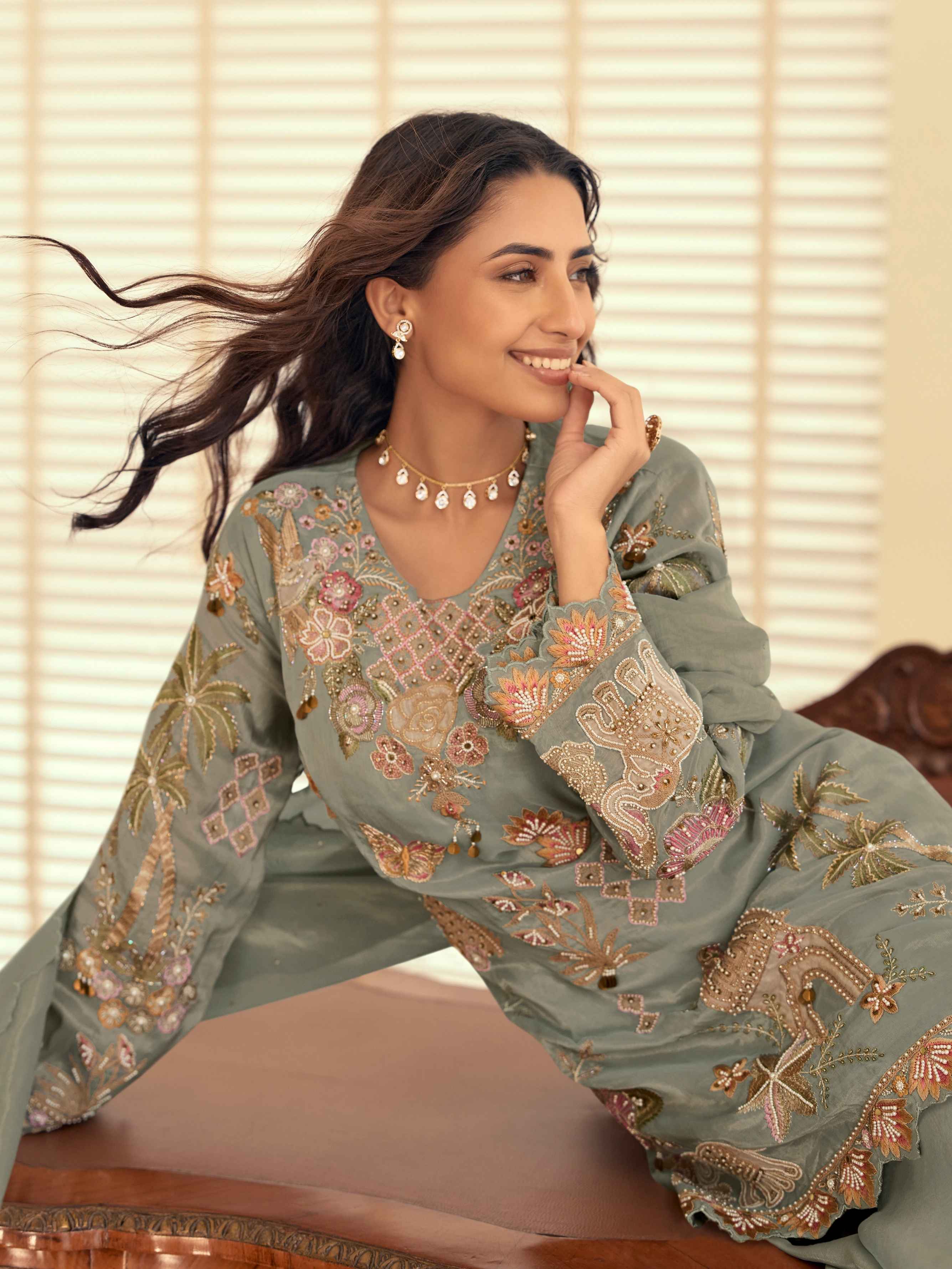 Sage Green Simar Silk Hand Embroidered Kurta Palazzo Set