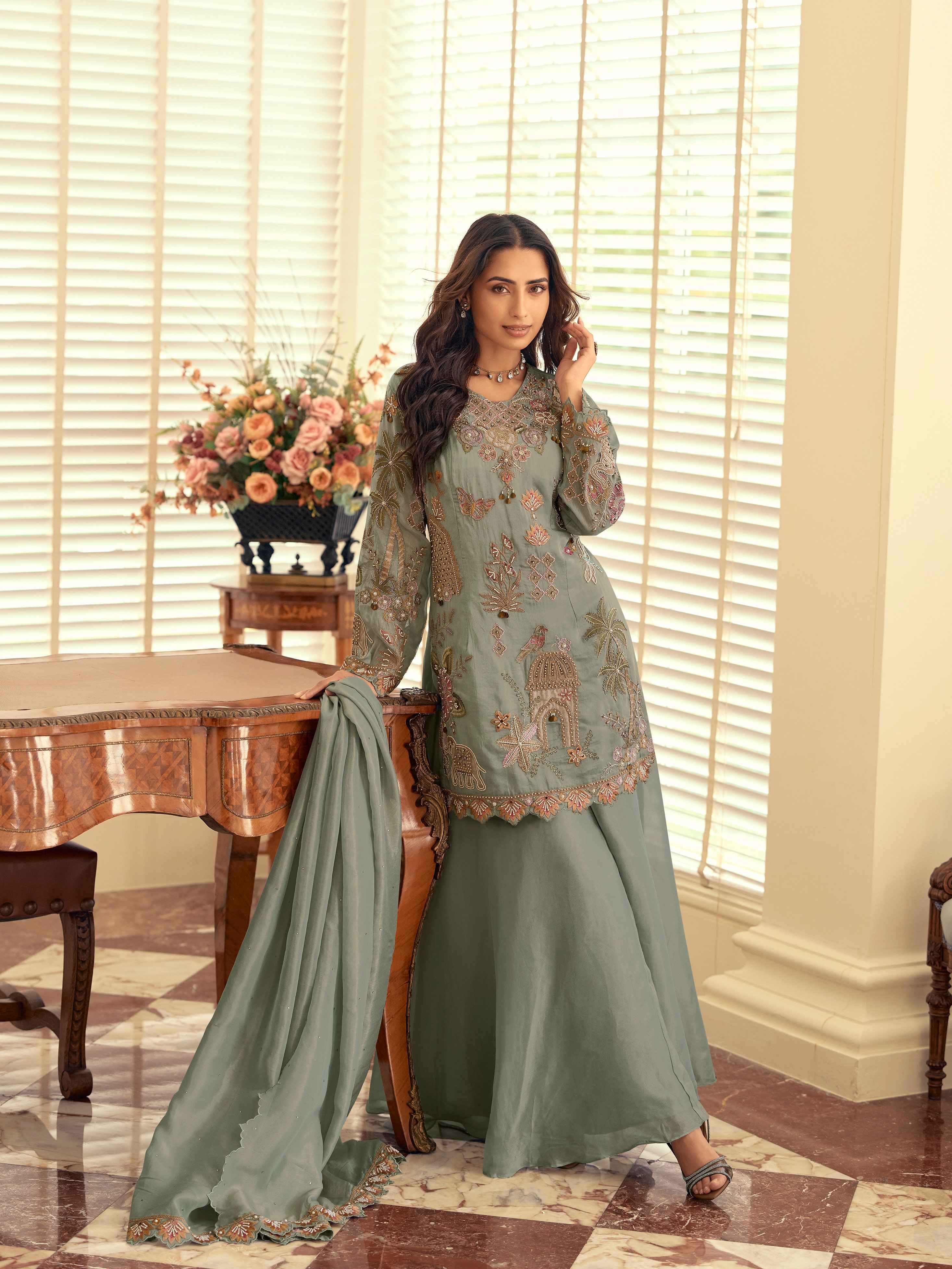 Sage Green Simar Silk Hand Embroidered Kurta Palazzo Set