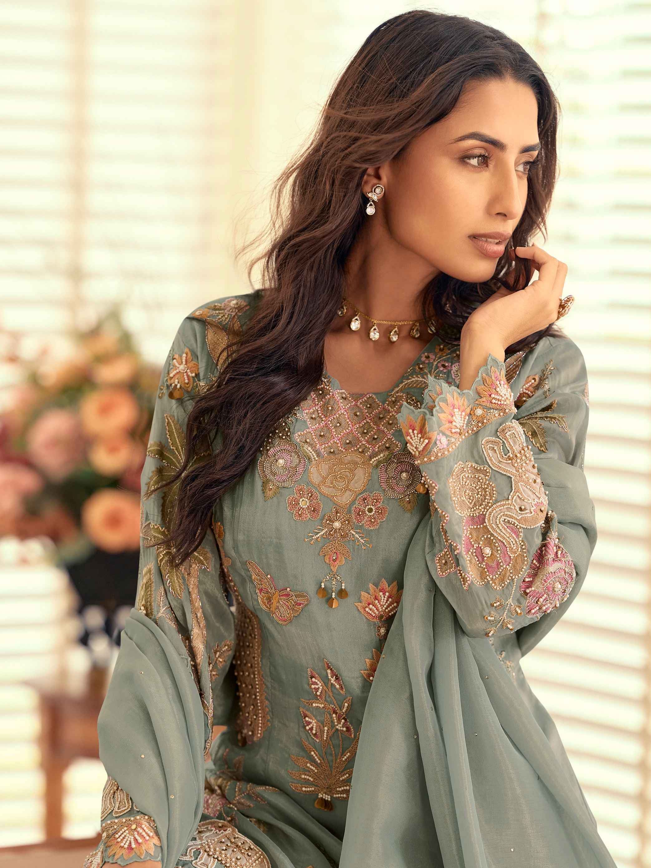 Sage Green Simar Silk Hand Embroidered Kurta Palazzo Set