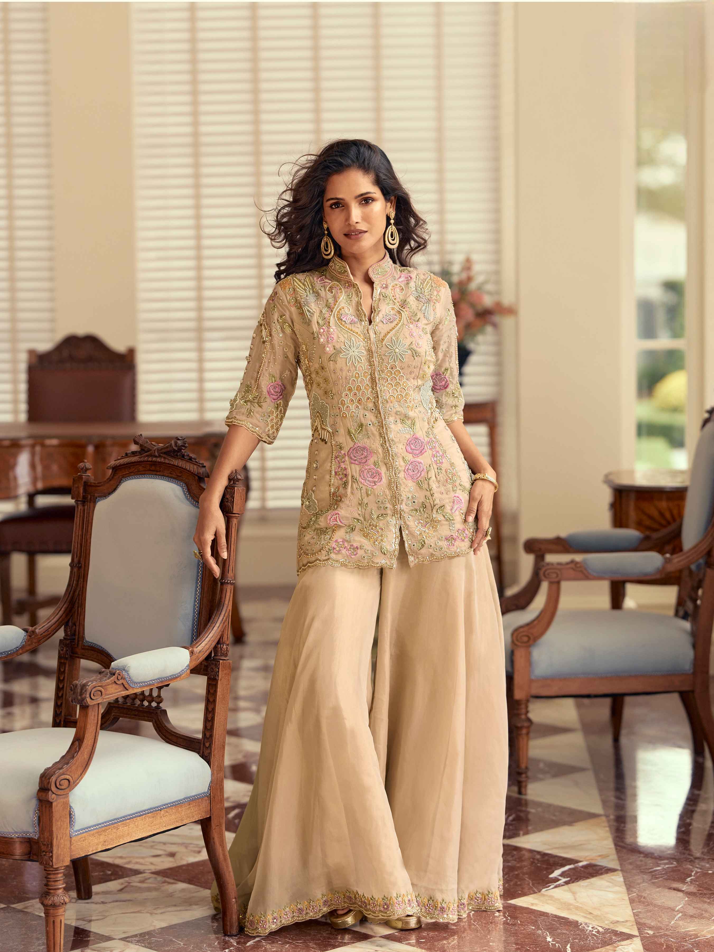 Beige Simar Silk Embroidered Palazzo Suit Set with Dupatta