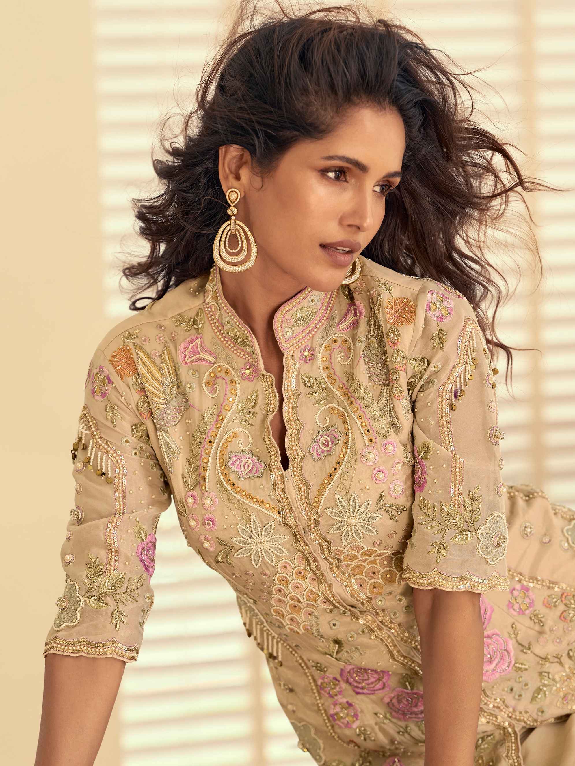 Beige Simar Silk Embroidered Palazzo Suit Set with Dupatta