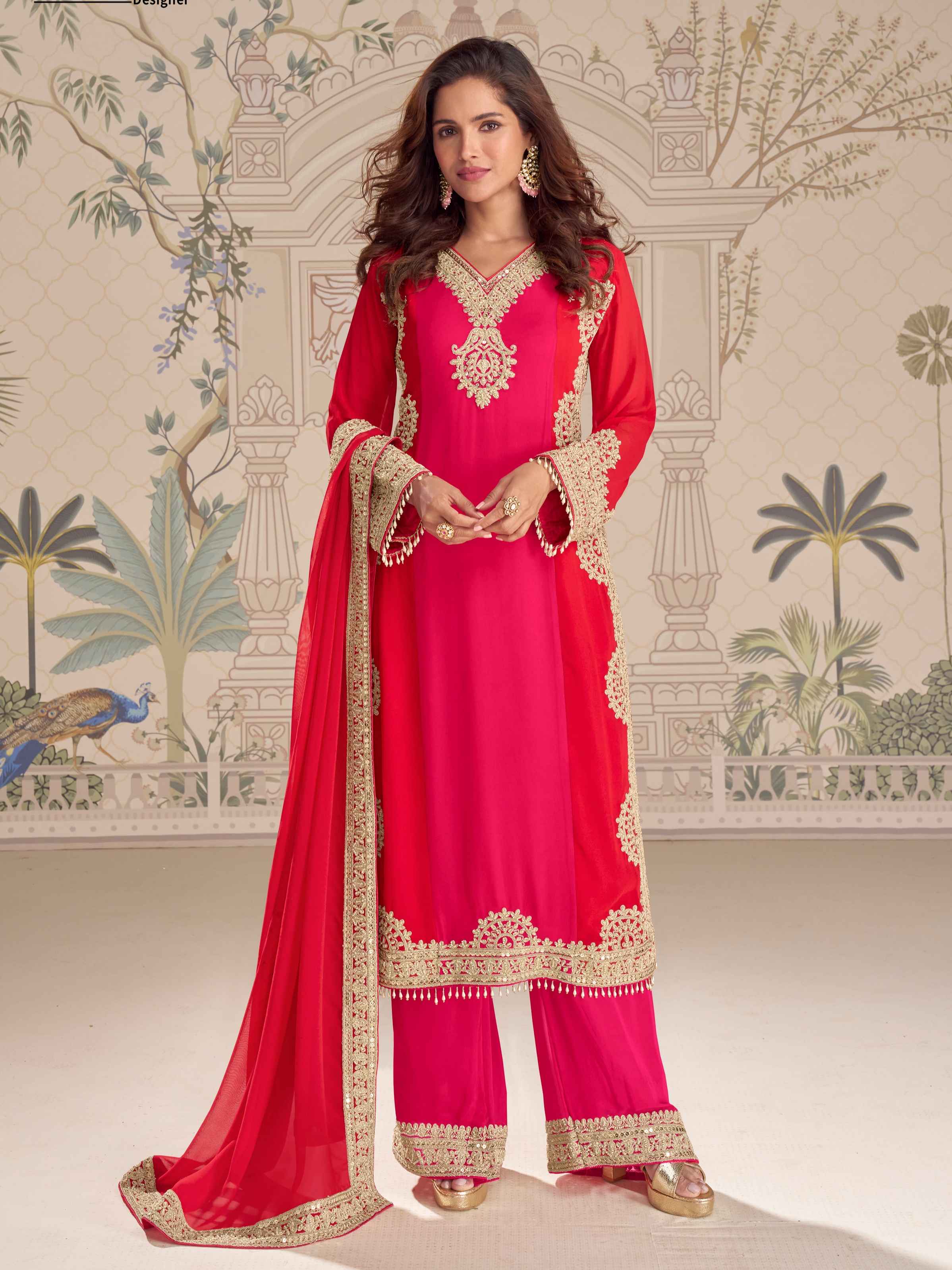 Ruby Red Heavy Embroidered Georgette Palazzo Suit Set