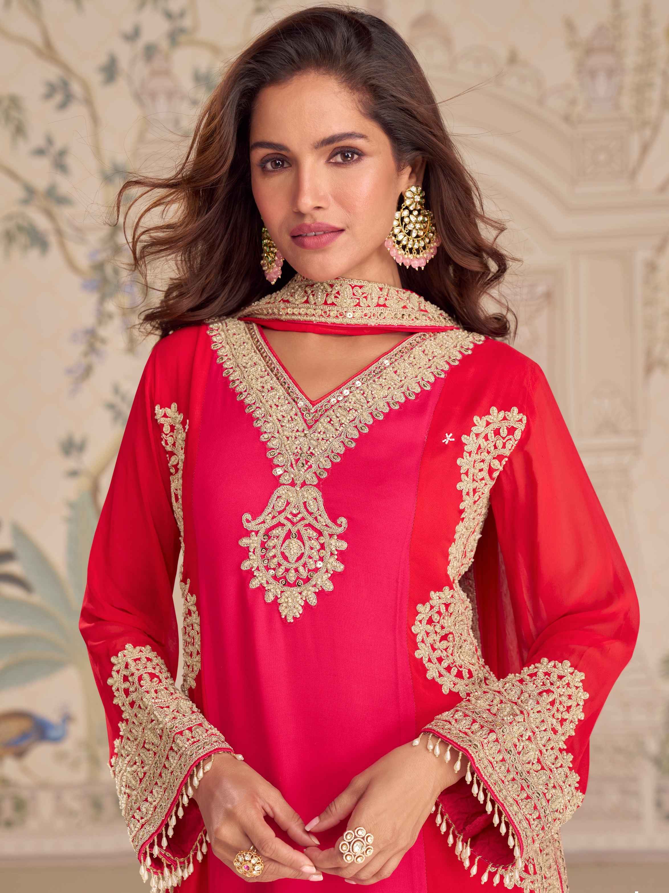 Ruby Red Heavy Embroidered Georgette Palazzo Suit Set