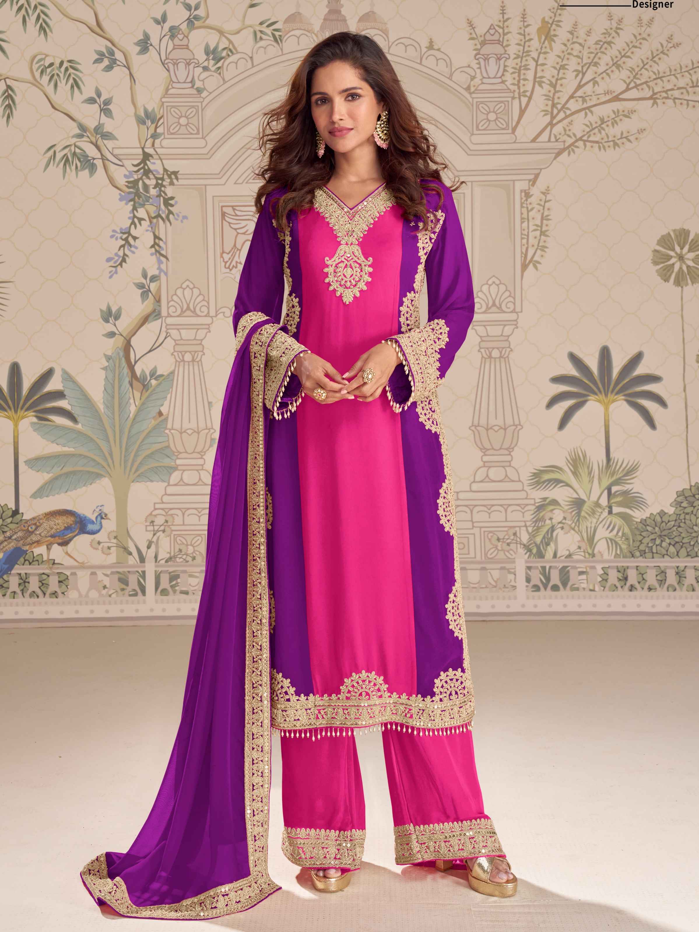 Royal Purple Georgette Palazzo Suit with Heavy Beads Embroidery