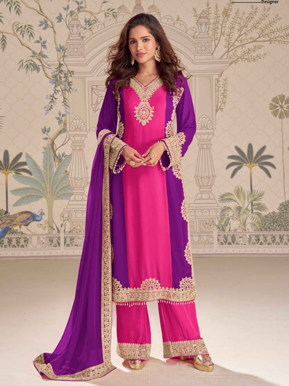 Royal Purple Georgette Palazzo Suit with Heavy Beads Embroidery