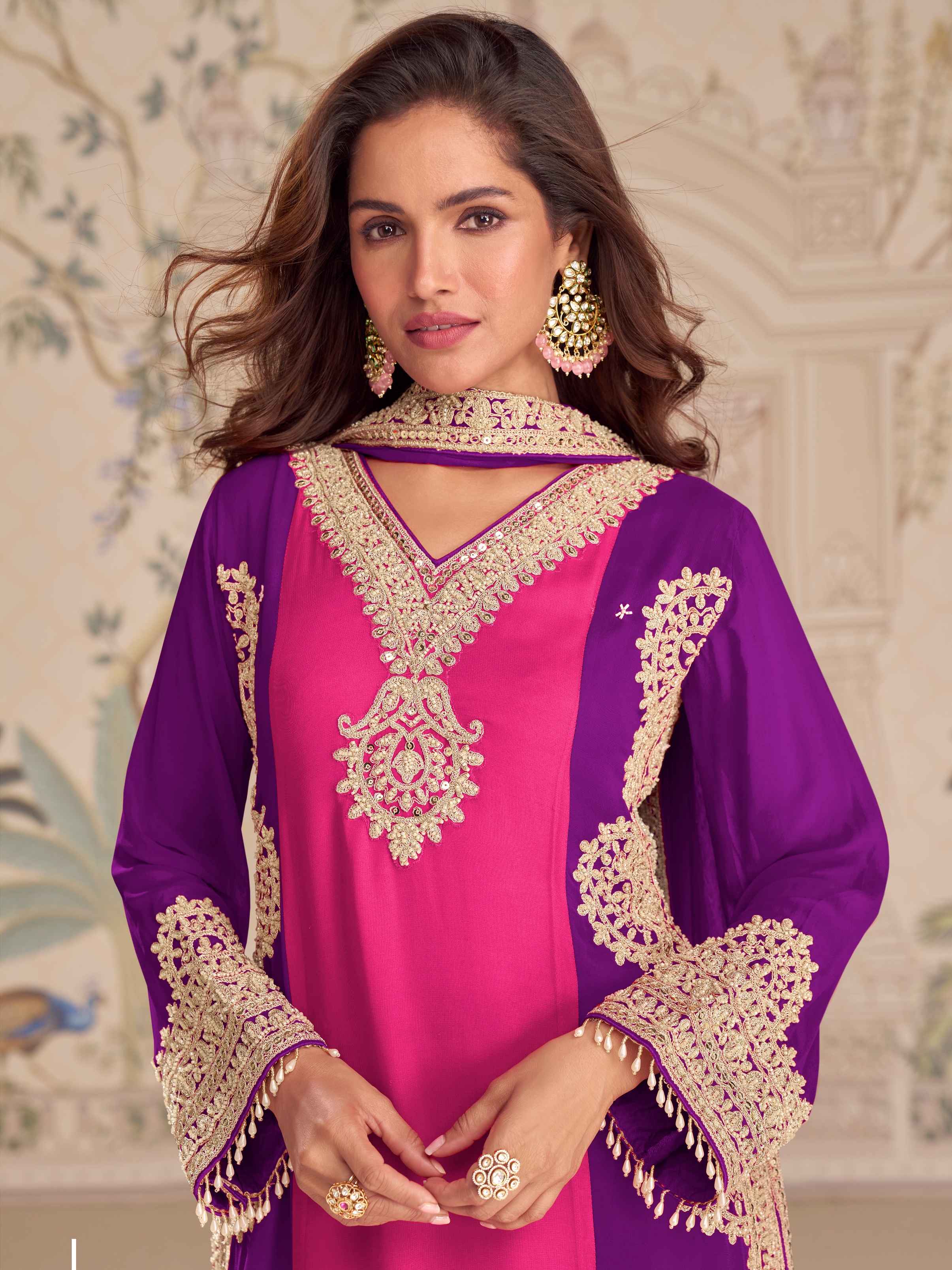 Royal Purple Georgette Palazzo Suit with Heavy Beads Embroidery