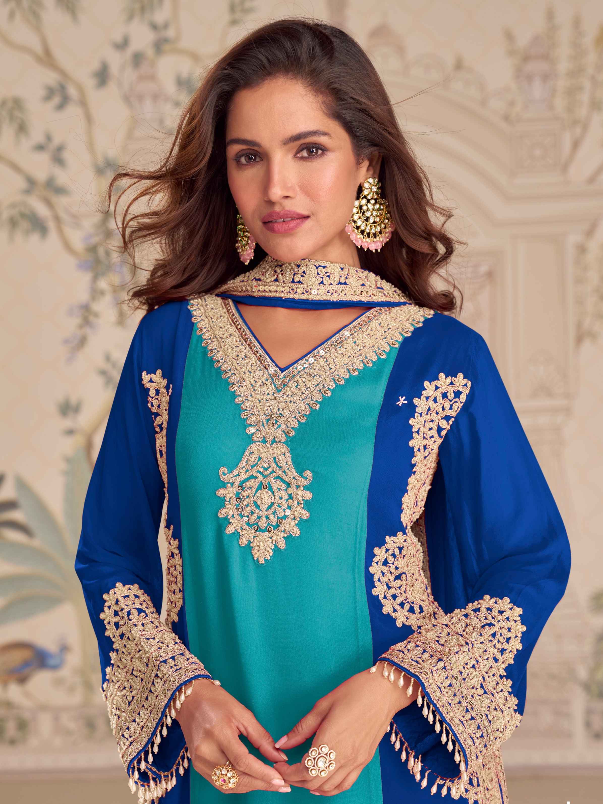 Teal Blue Premium Georgette Palazzo Suit Set with Heavy Embroidery