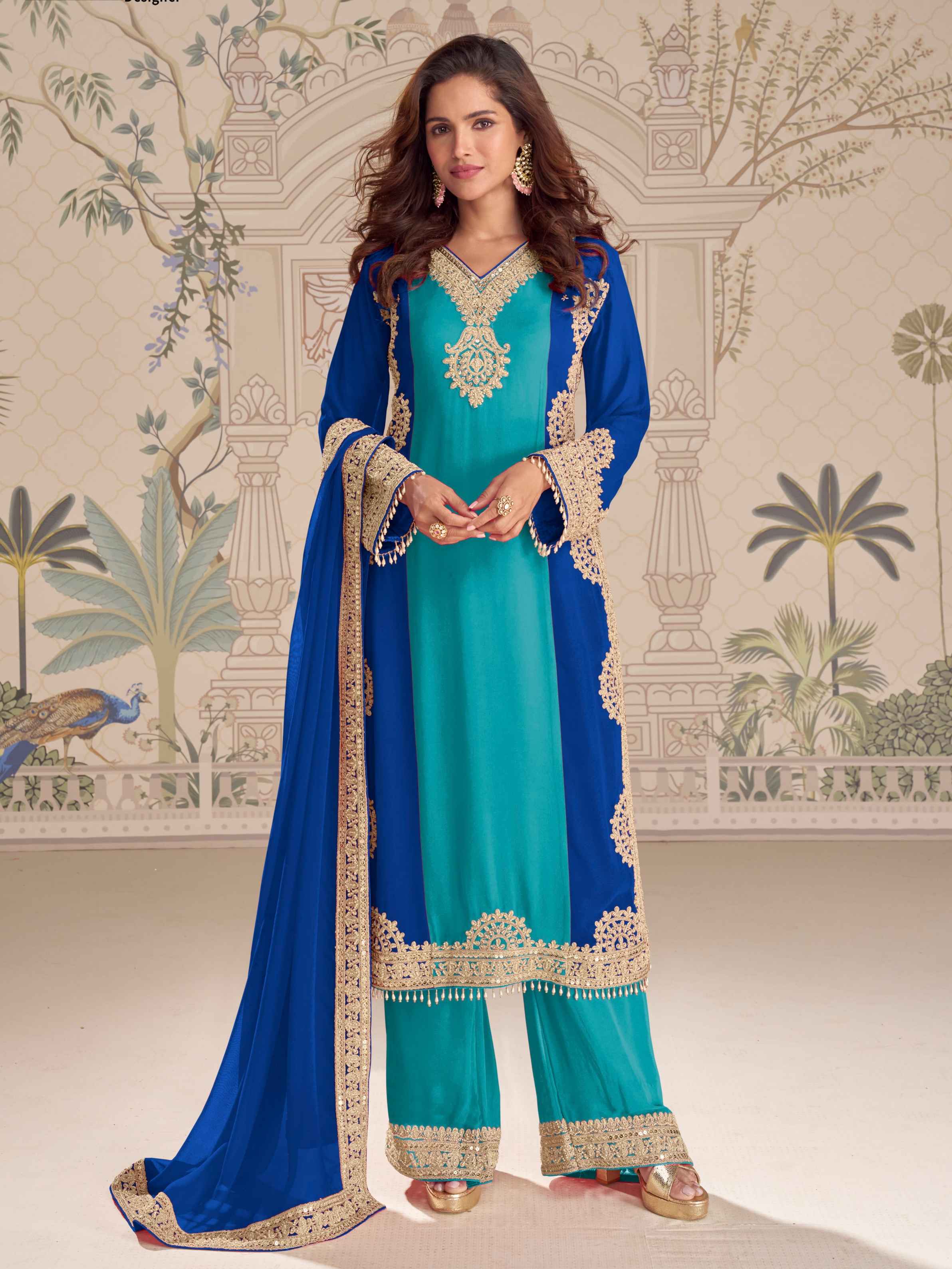 Teal Blue Premium Georgette Palazzo Suit Set with Heavy Embroidery