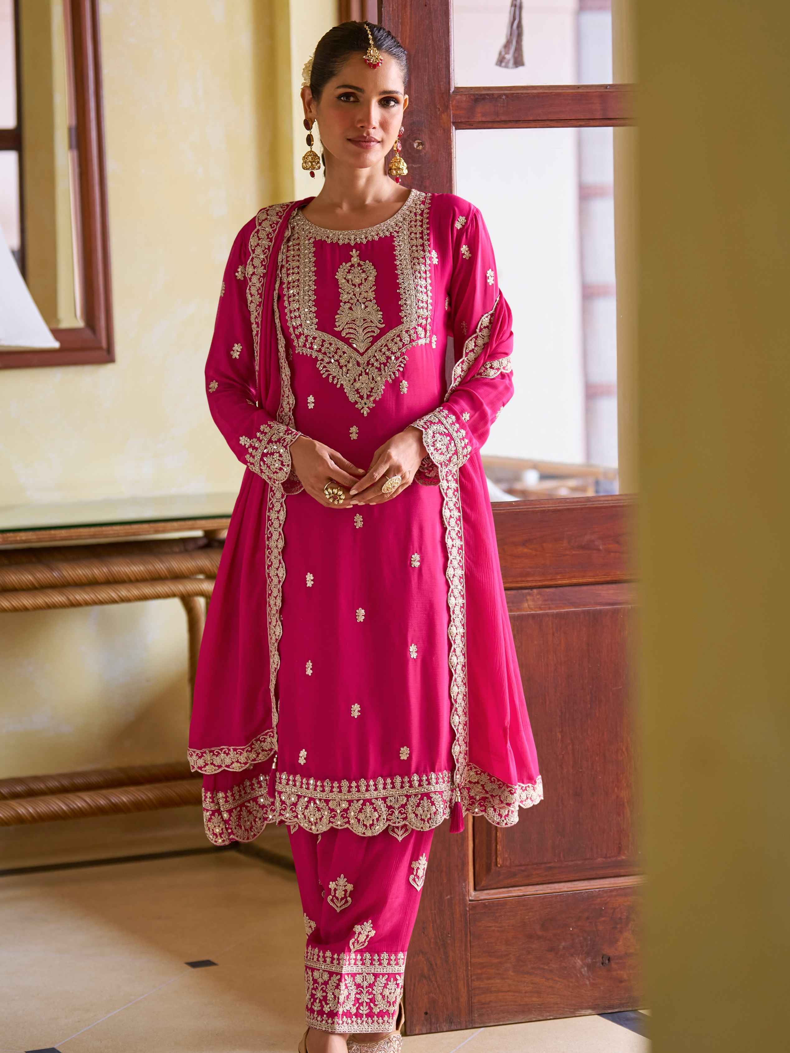 Rani Pink Real Chinon Embroidered Suit Set with Dupatta