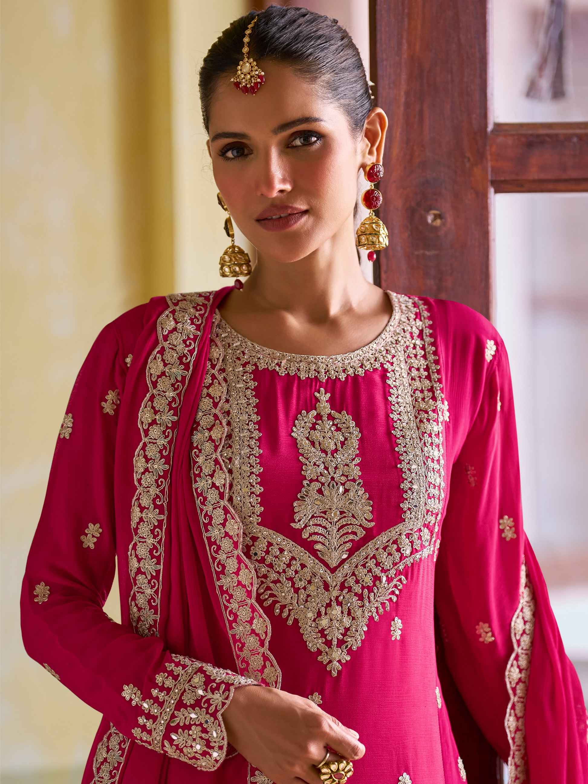 Rani Pink Real Chinon Embroidered Suit Set with Dupatta