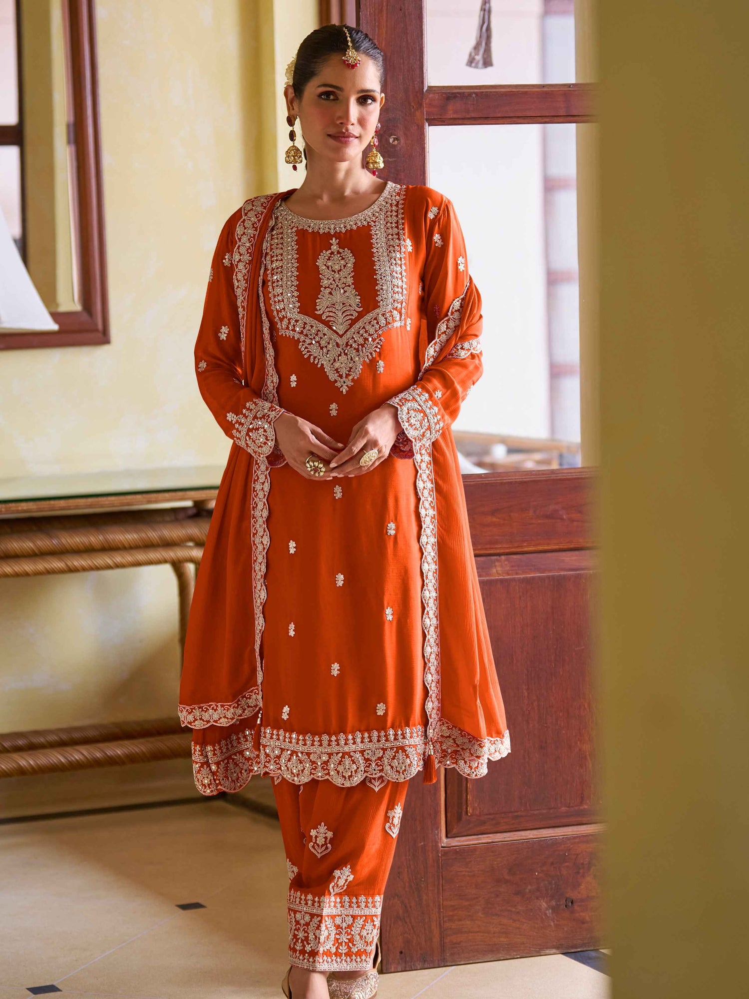 Rust Orange Real Chinon Embroidered Suit Set with Dupatta 