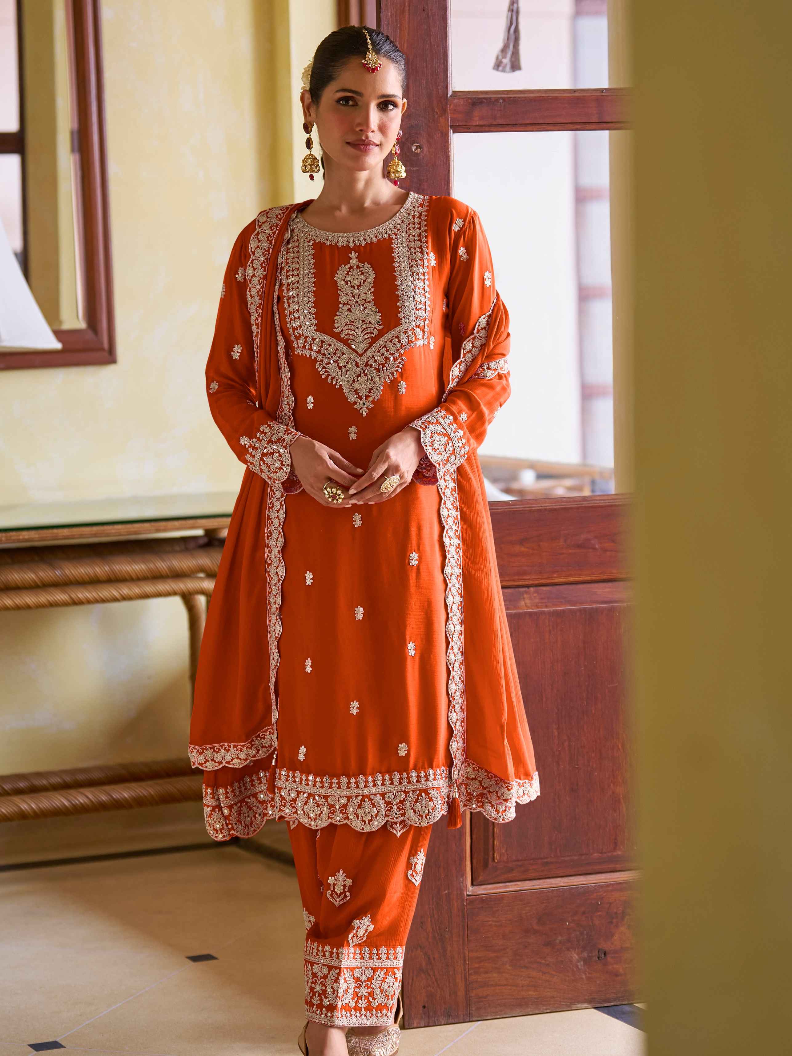 Rust Orange Real Chinon Embroidered Suit Set with Dupatta