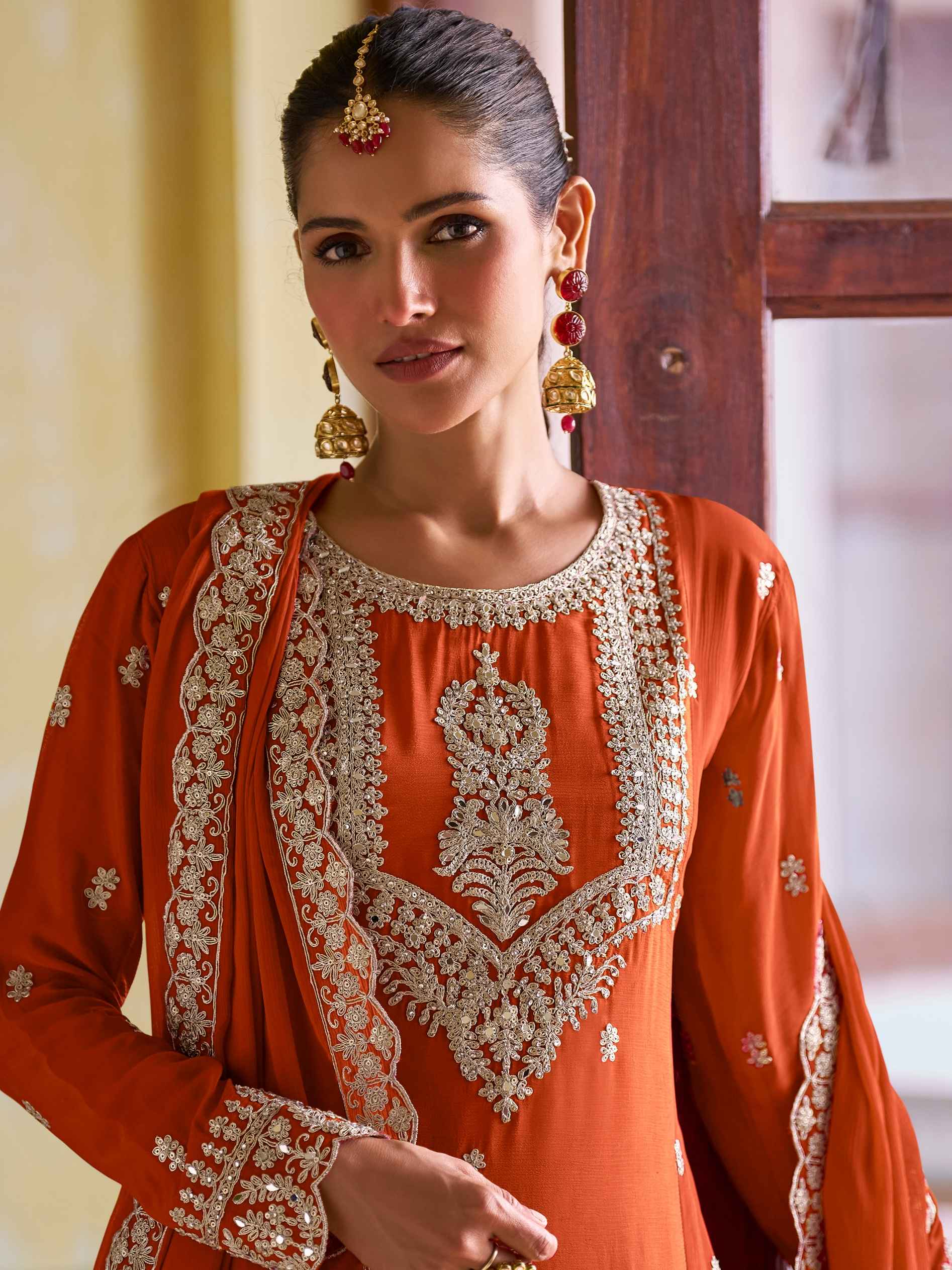 Rust Orange Real Chinon Embroidered Suit Set with Dupatta