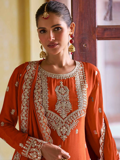 Rust Orange Real Chinon Embroidered Suit Set with Dupatta 