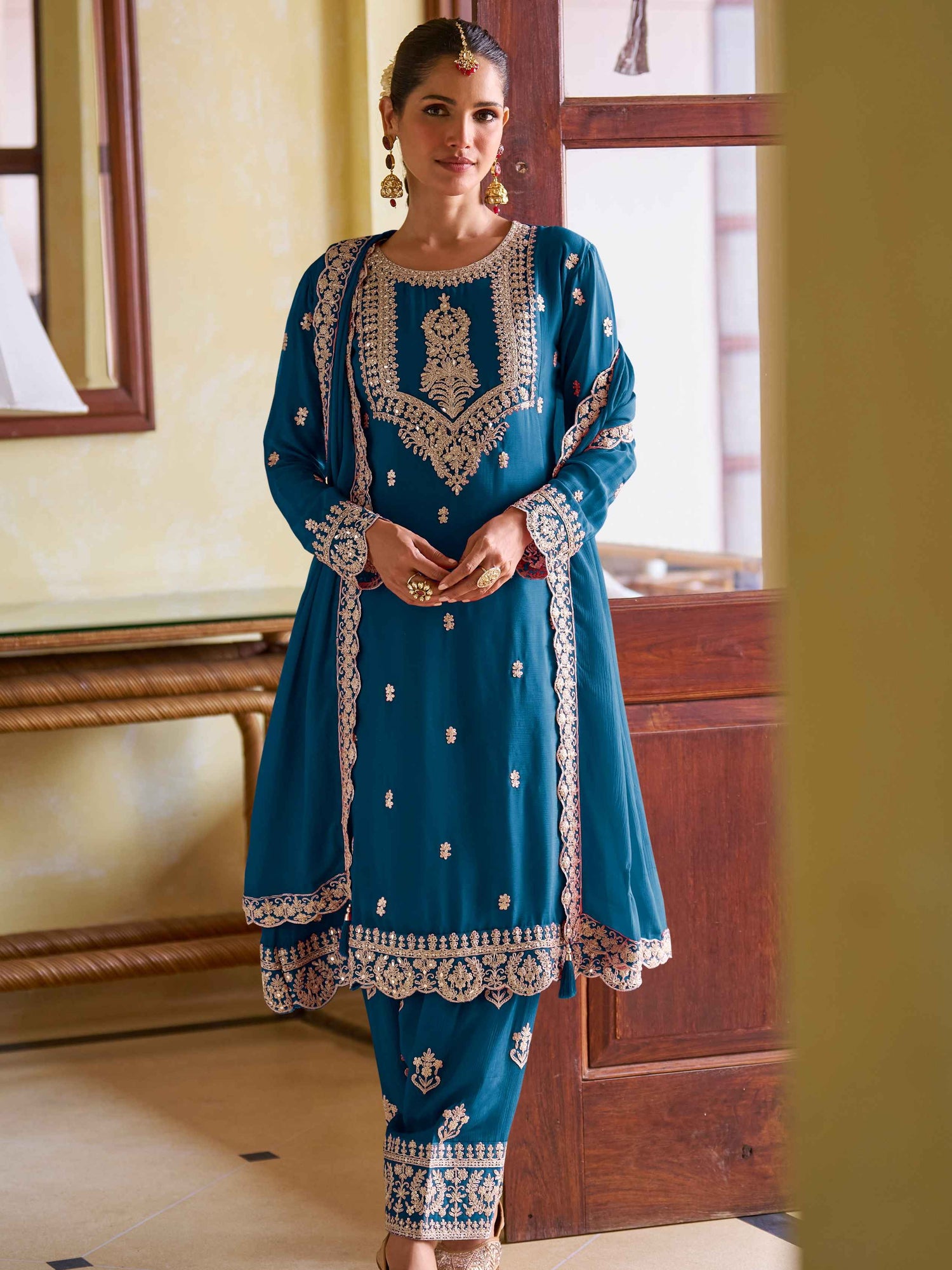 Teal Blue Real Chinon Embroidered Suit Set with Dupatta