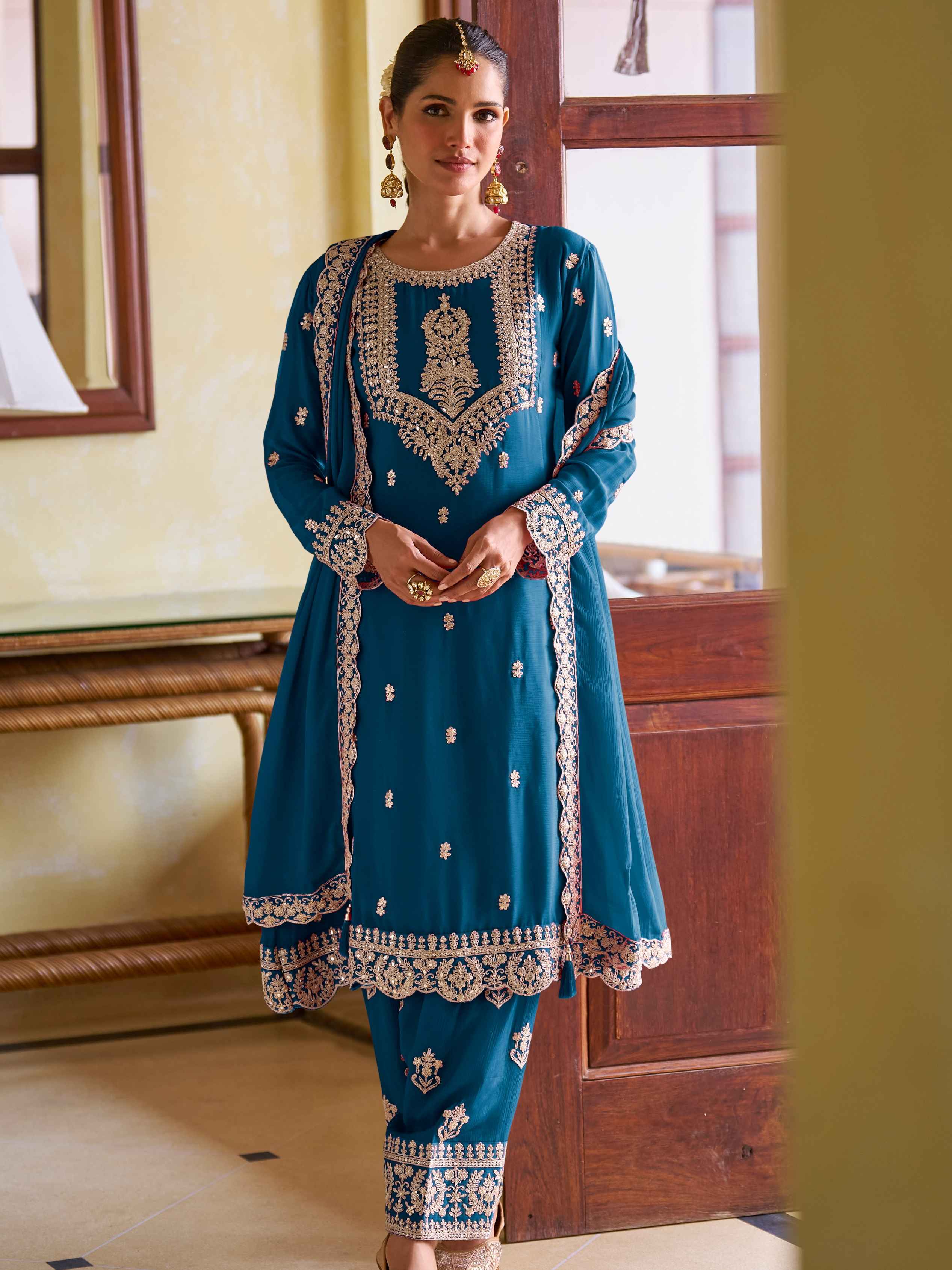 Teal Blue Real Chinon Embroidered Suit Set with Dupatta