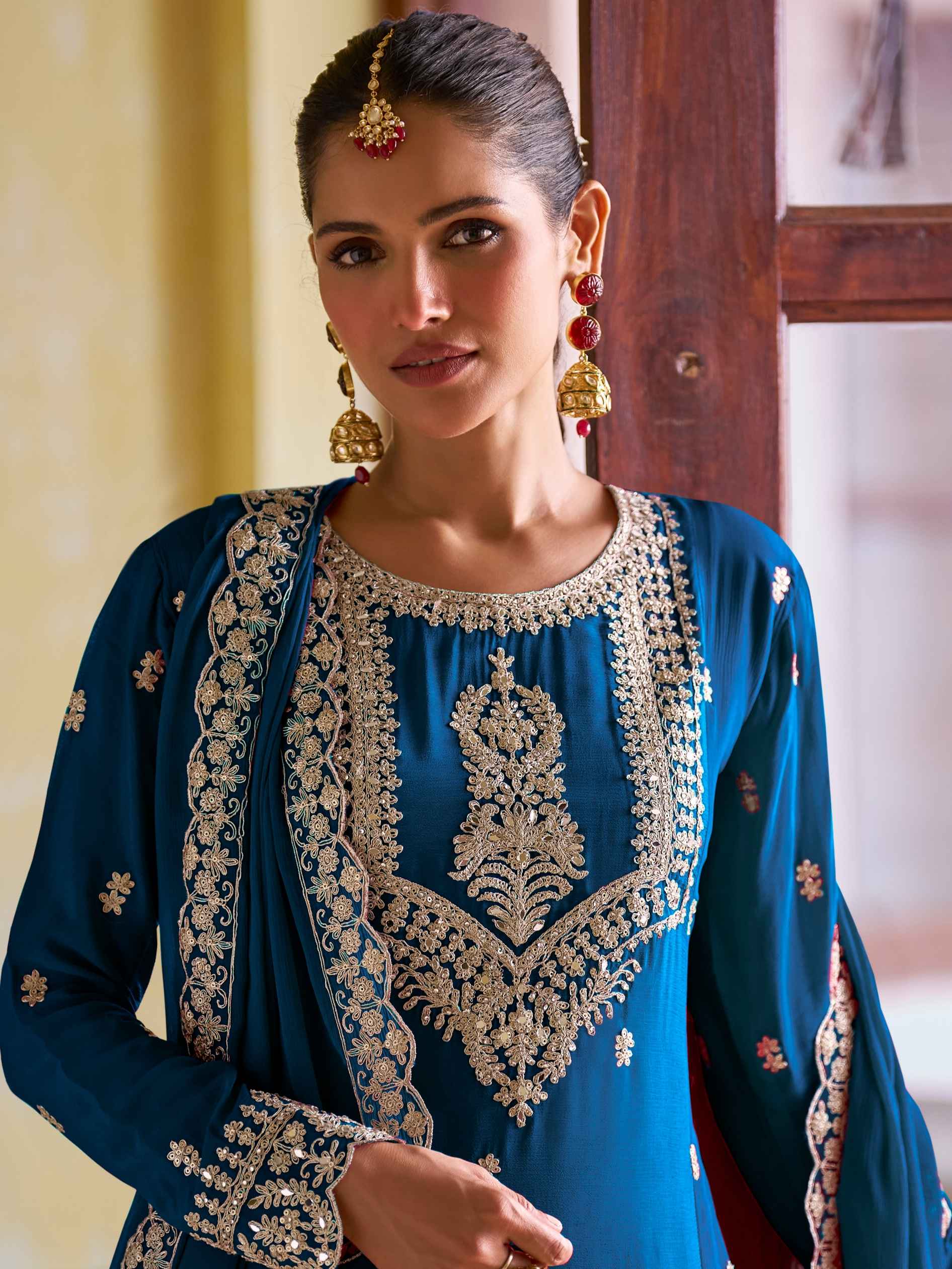 Teal Blue Real Chinon Embroidered Suit Set with Dupatta