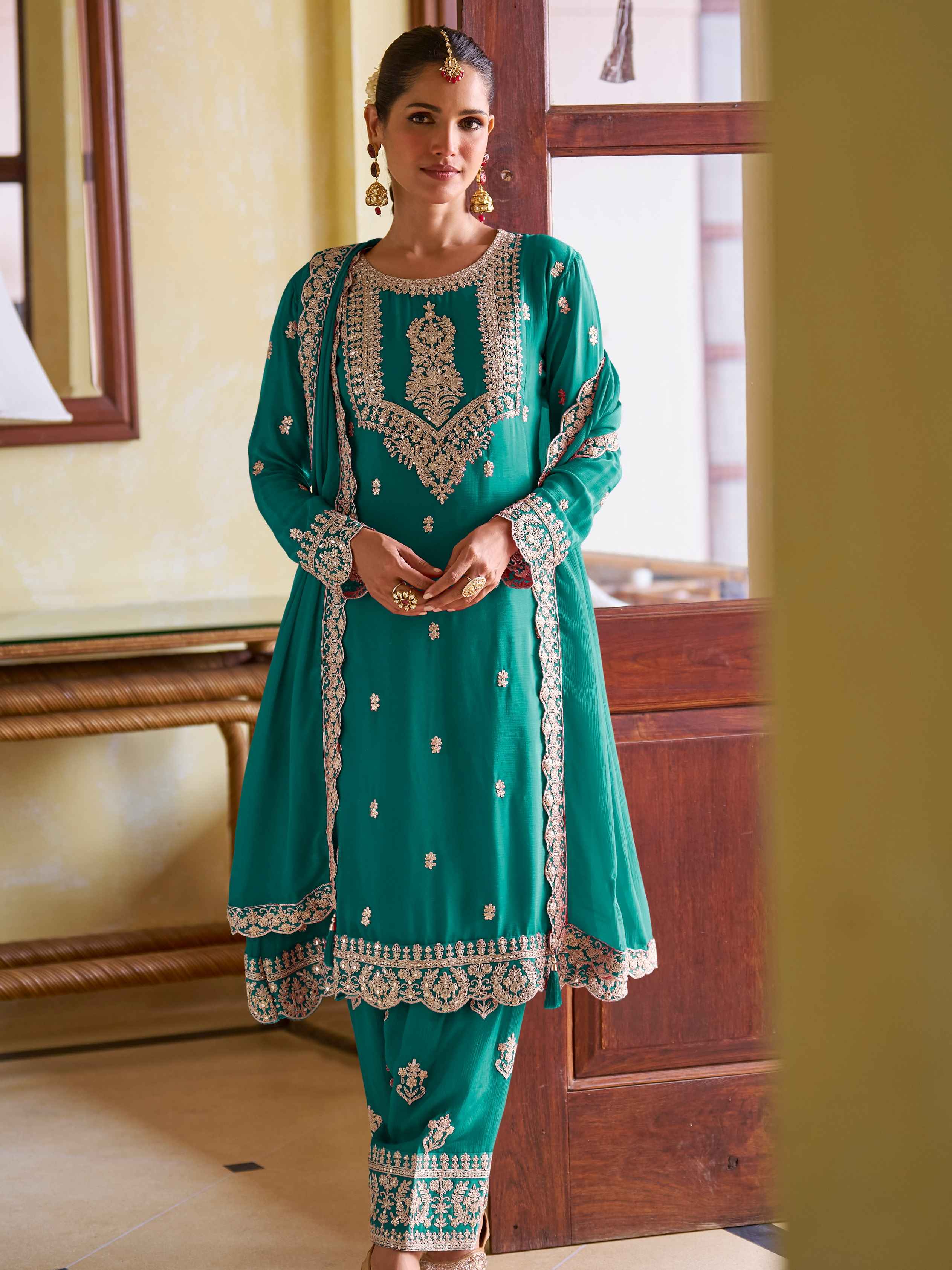 Emerald Green Real Chinon Embroidered Suit Set with Dupatta