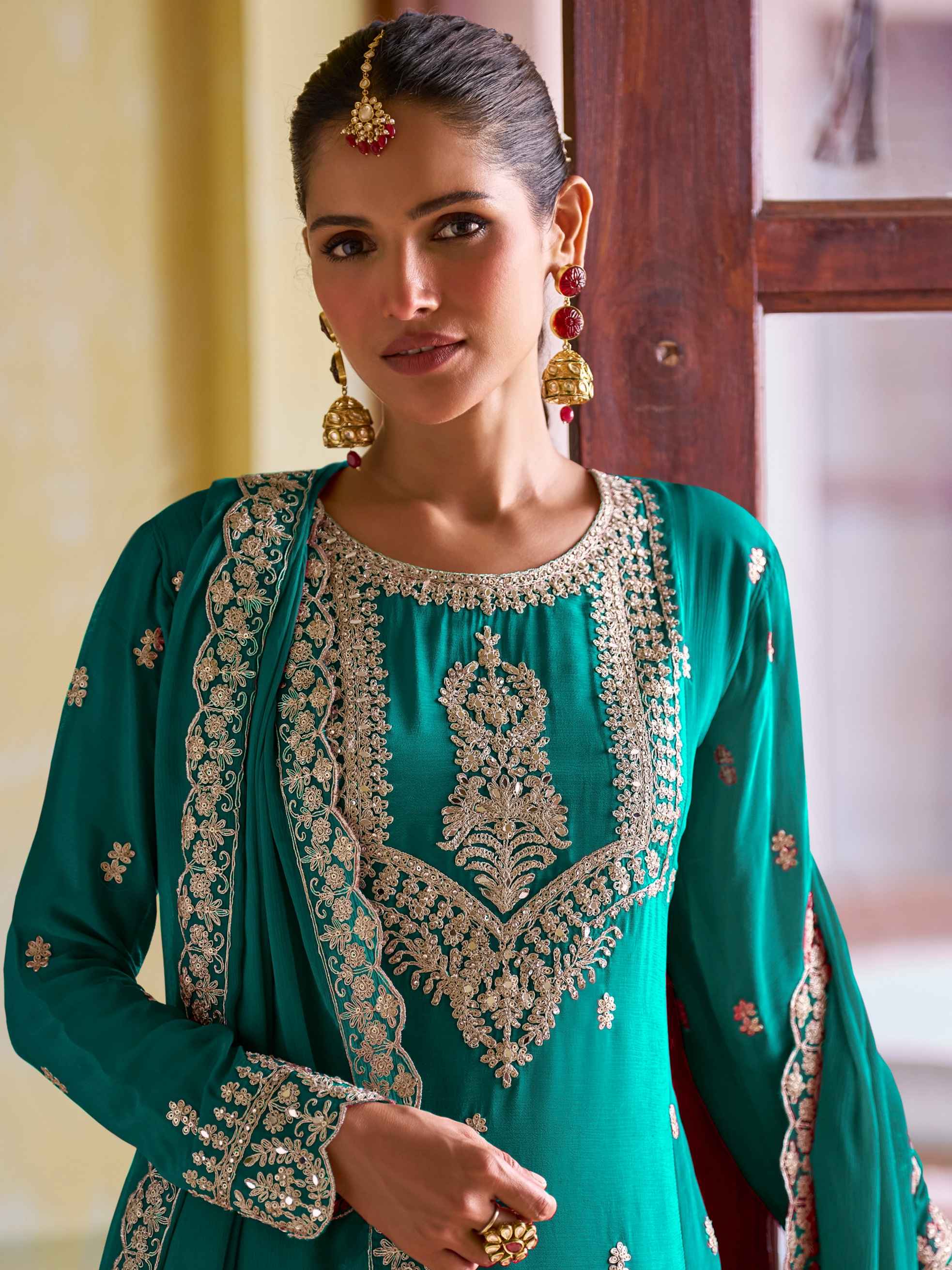 Emerald Green Real Chinon Embroidered Suit Set with Dupatta