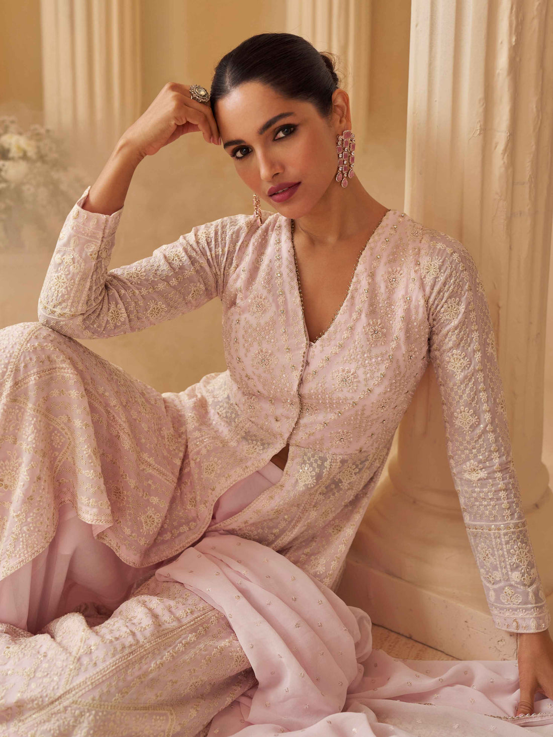 Blush Pink Lucknowi Chikankari Georgette Anarkali Kurta Set