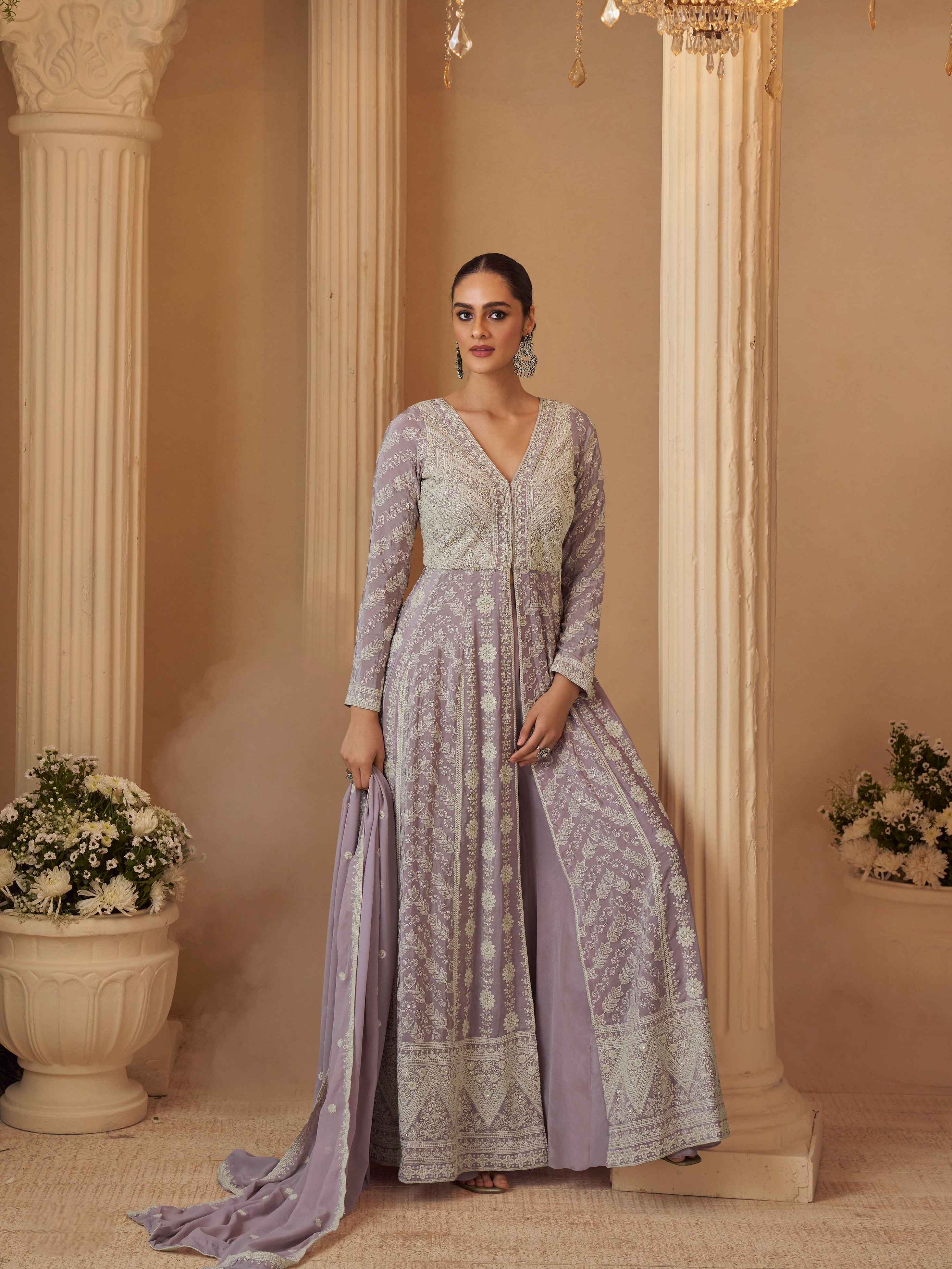 Lavender Chikankari Embroidered Georgette Anarkali Kurta Set