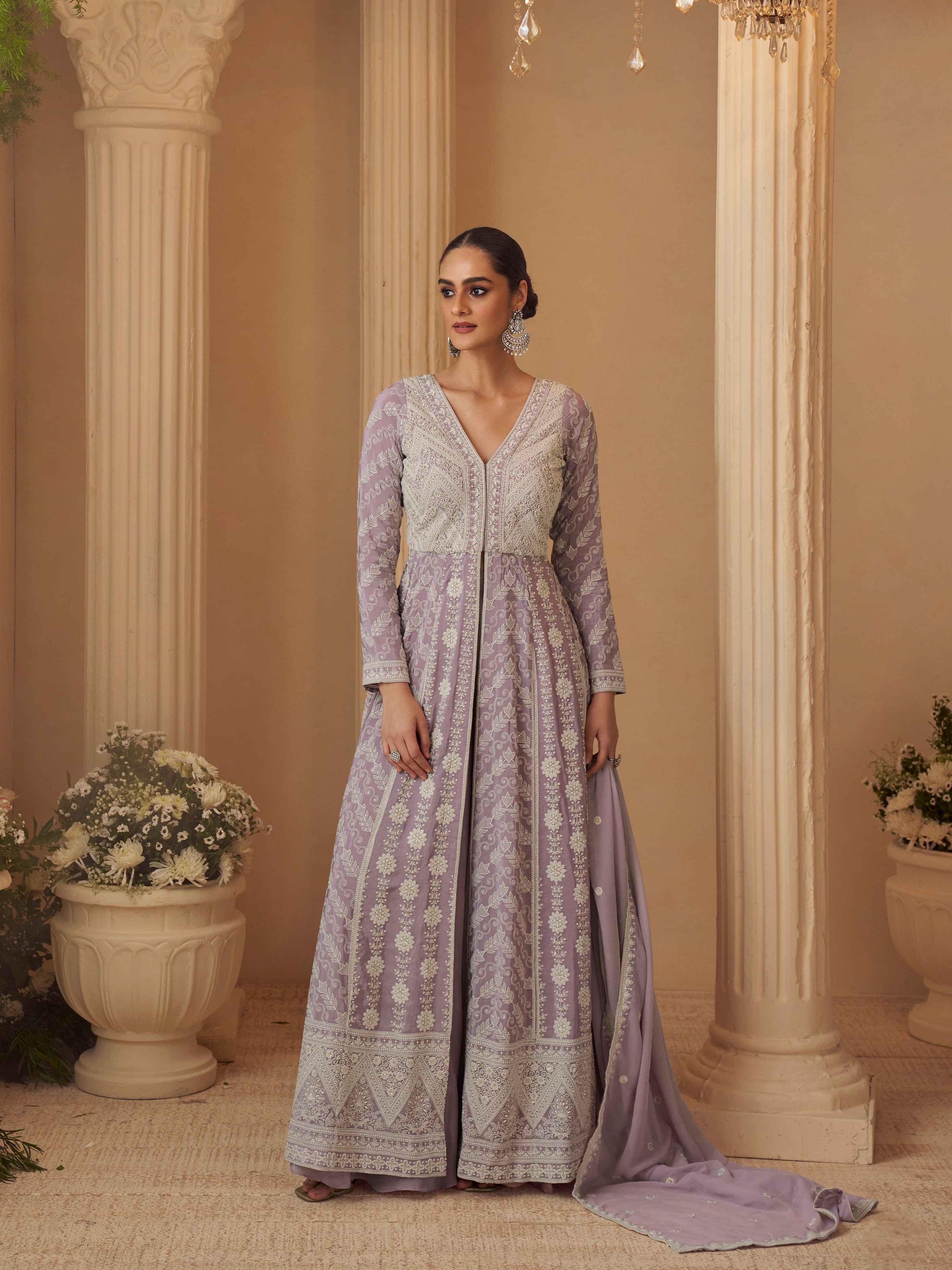 Lavender Chikankari Embroidered Georgette Anarkali Kurta Set