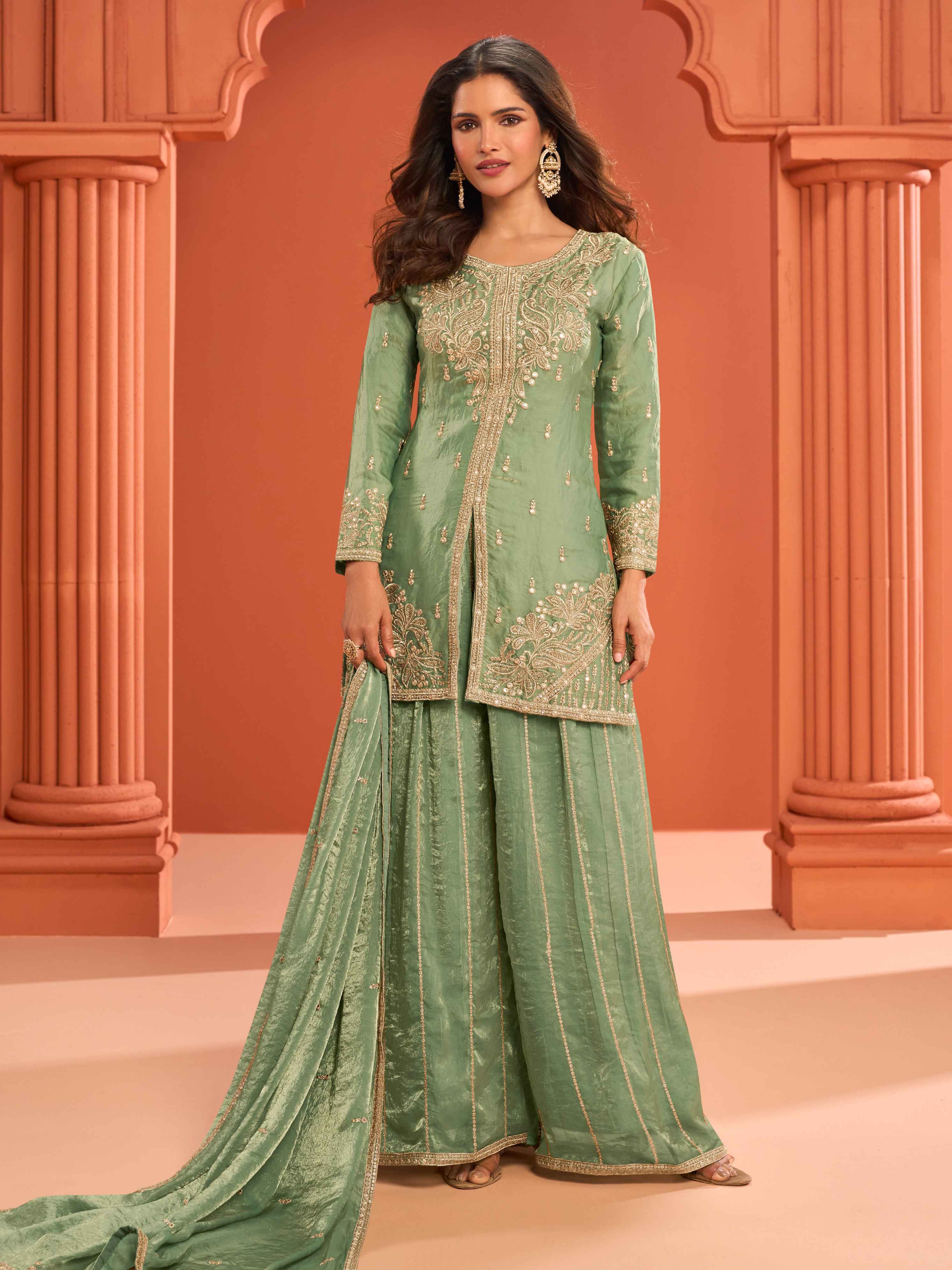 Sage Green Real Fandy Silk Embroidered Kurti Palazzo Suit Set