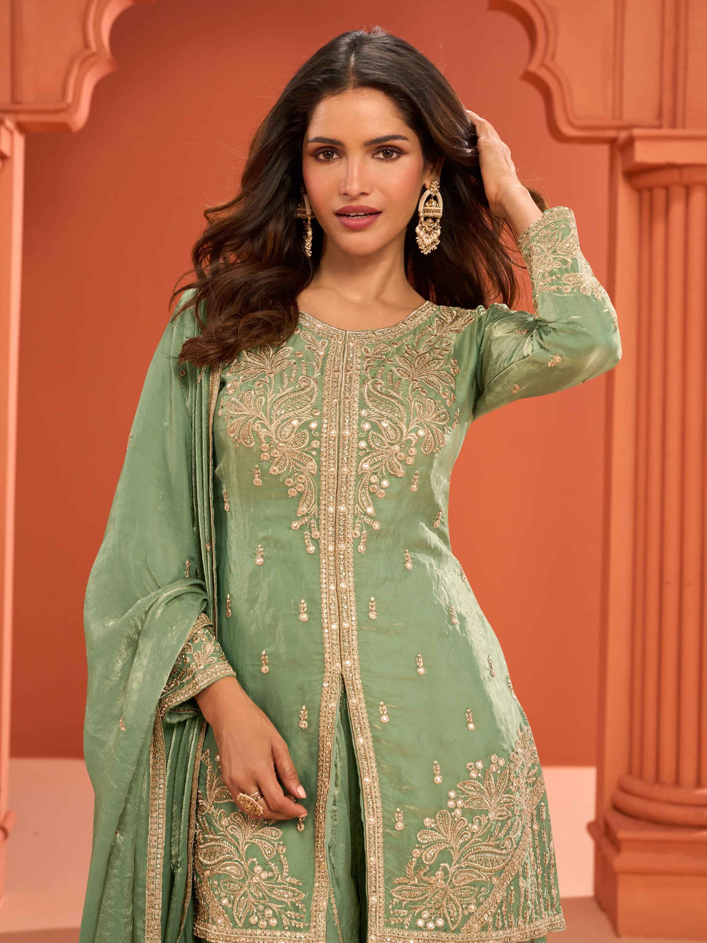 Sage Green Real Fandy Silk Embroidered Kurti Palazzo Suit Set