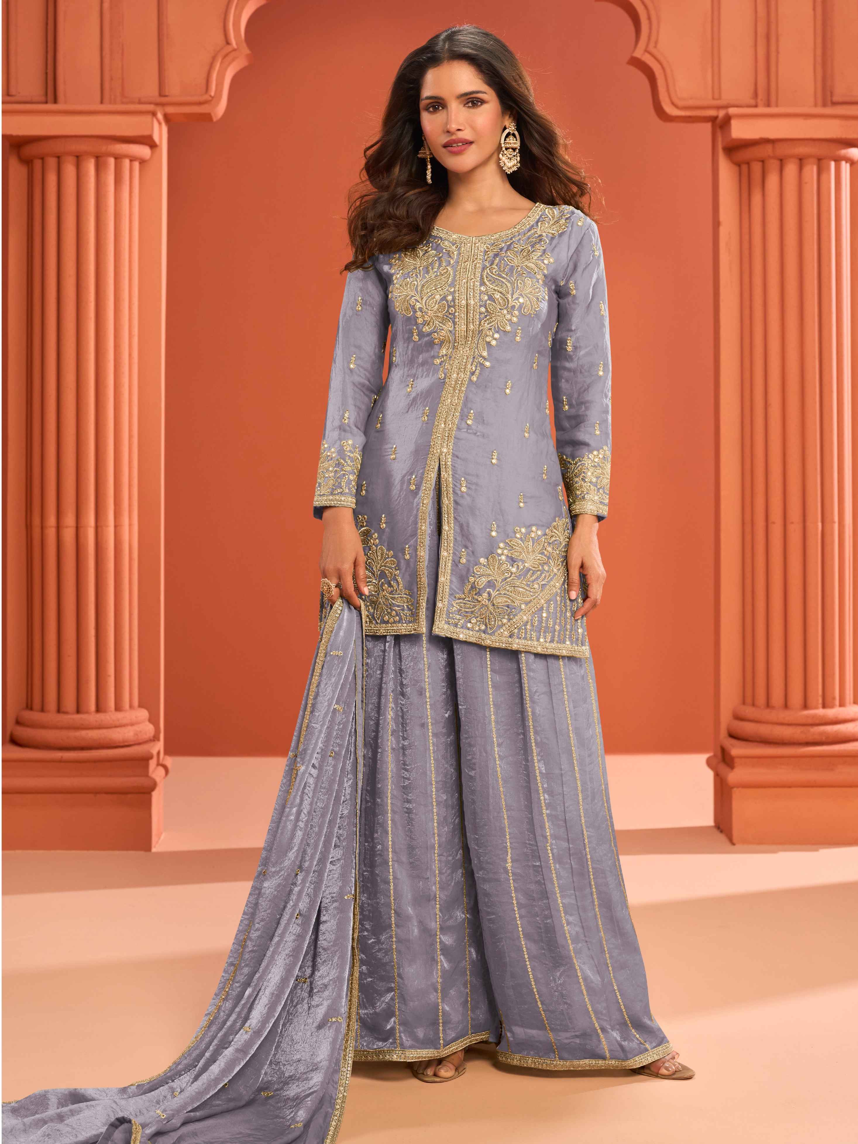 Grey Real Fandy Silk Embroidered Kurti Palazzo Suit with Dupatta