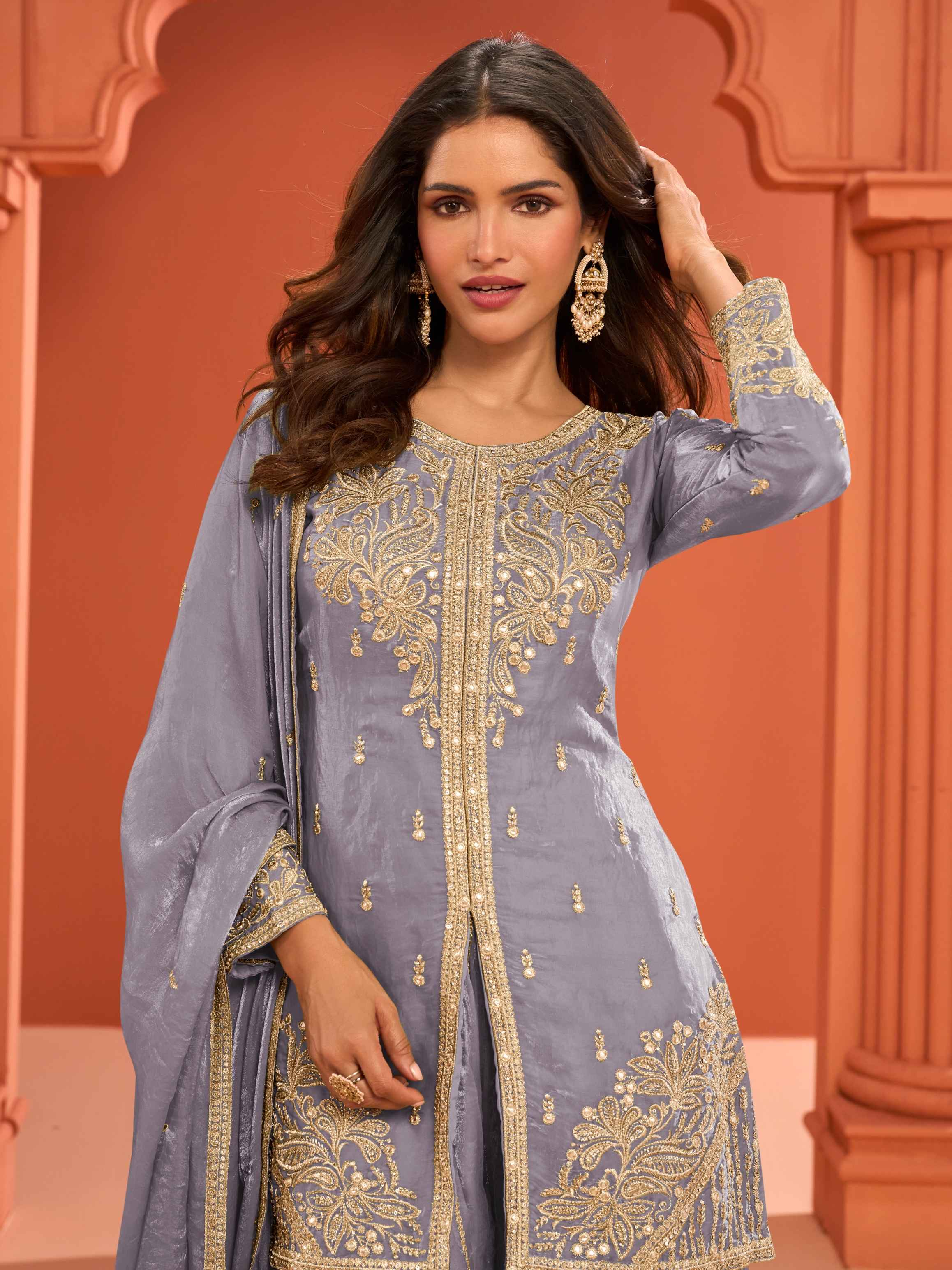 Grey Real Fandy Silk Embroidered Kurti Palazzo Suit with Dupatta
