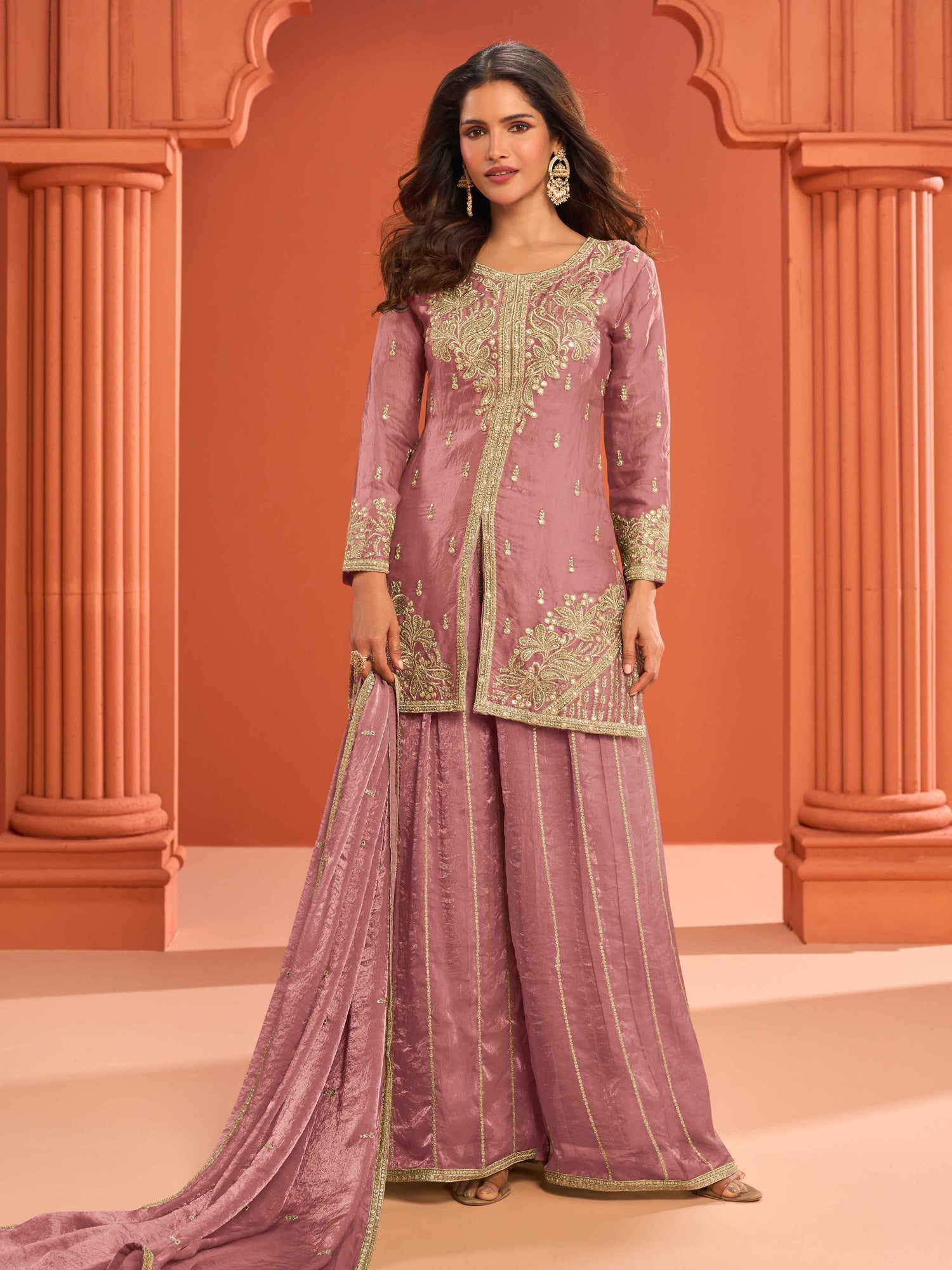 Dusty Rose Pink Real Fandy Silk Embroidered Kurti Palazzo Suit