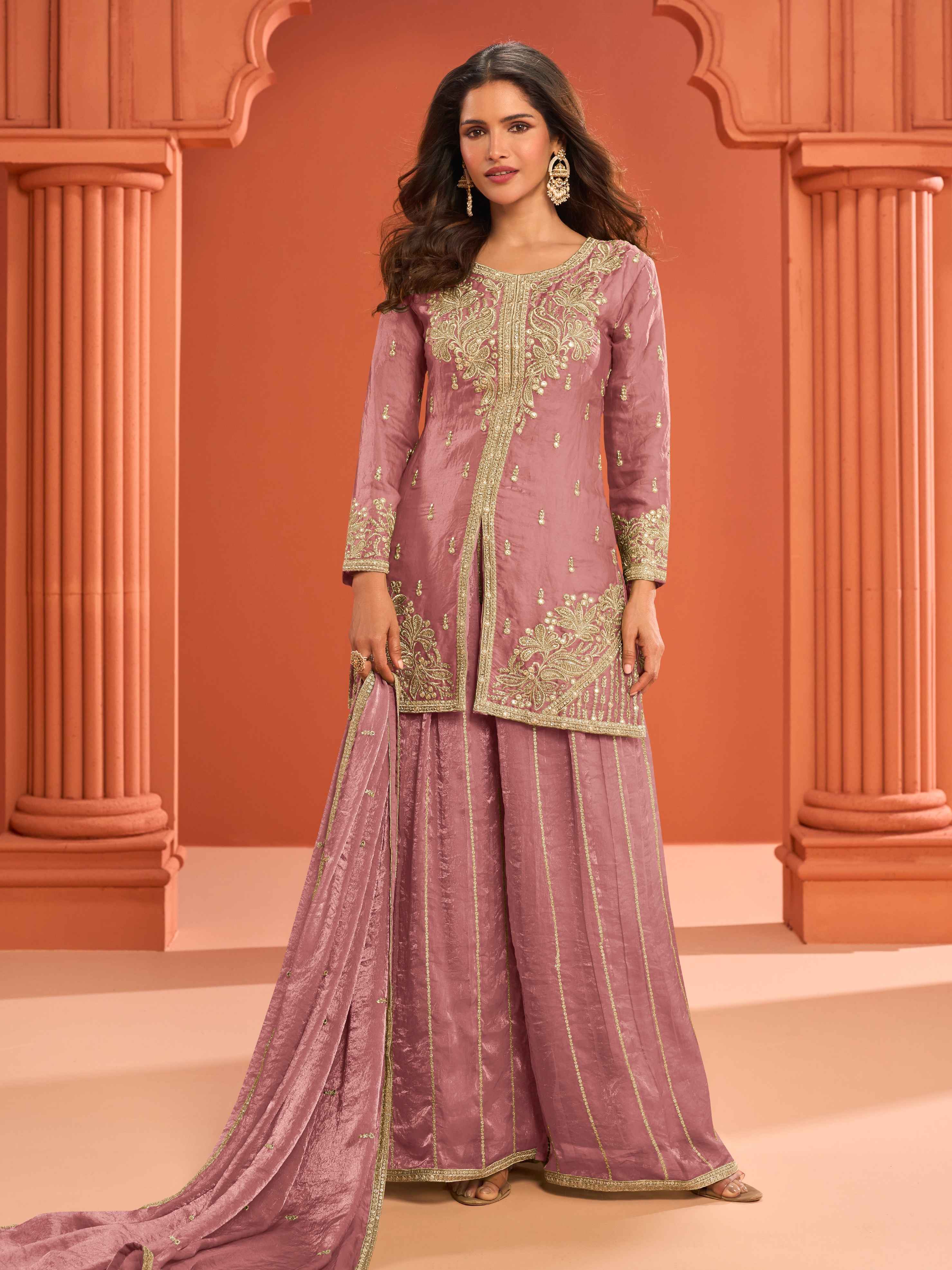 Dusty Rose Pink Real Fandy Silk Embroidered Kurti Palazzo Suit