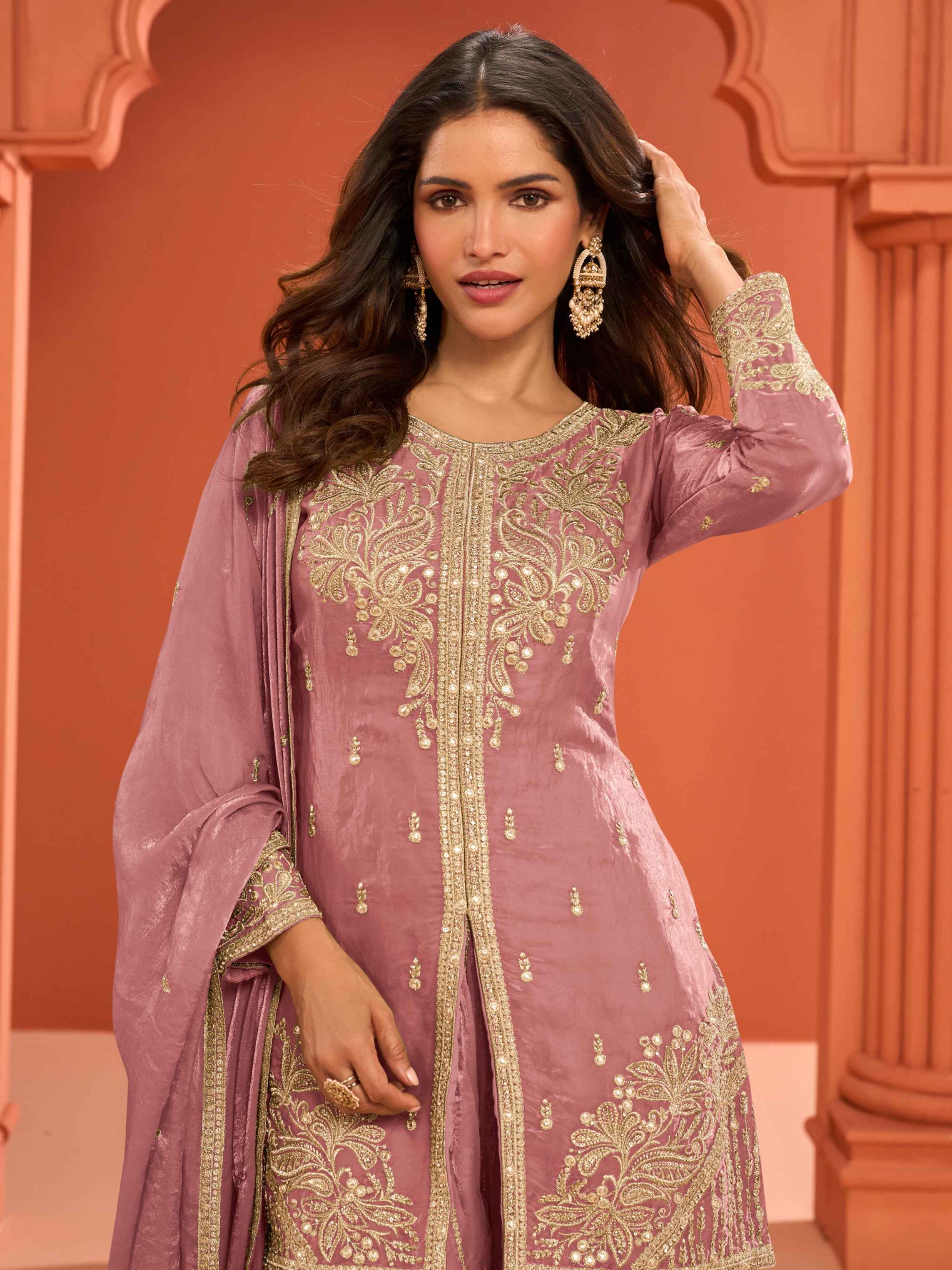 Dusty Rose Pink Real Fandy Silk Embroidered Kurti Palazzo Suit