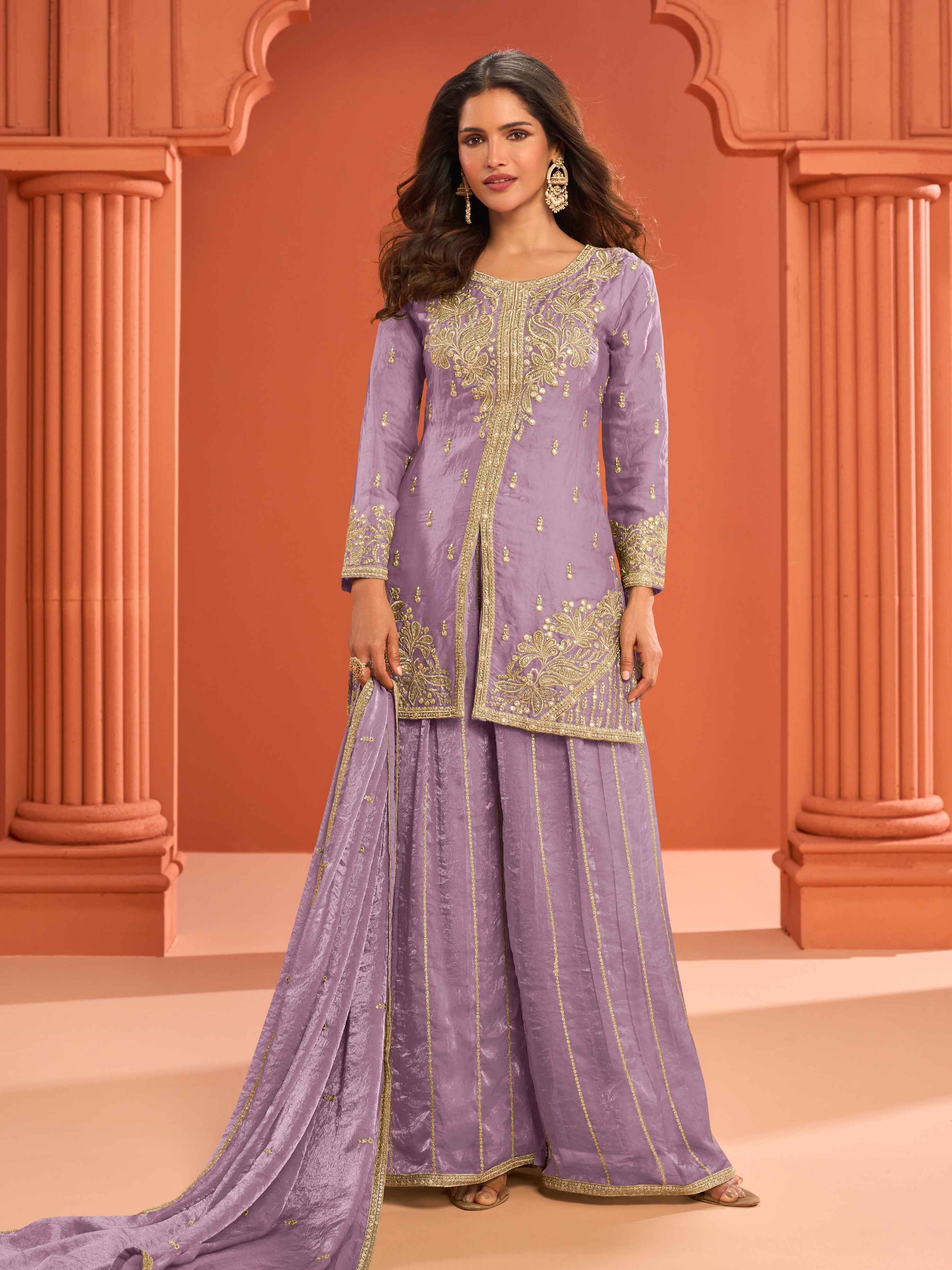 Lavender Purple Real Fandy Silk Embroidered Kurti Palazzo Suit