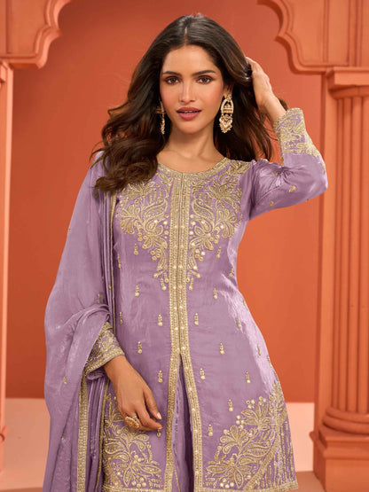Lavender Purple Real Fandy Silk Embroidered Kurti Palazzo Suit