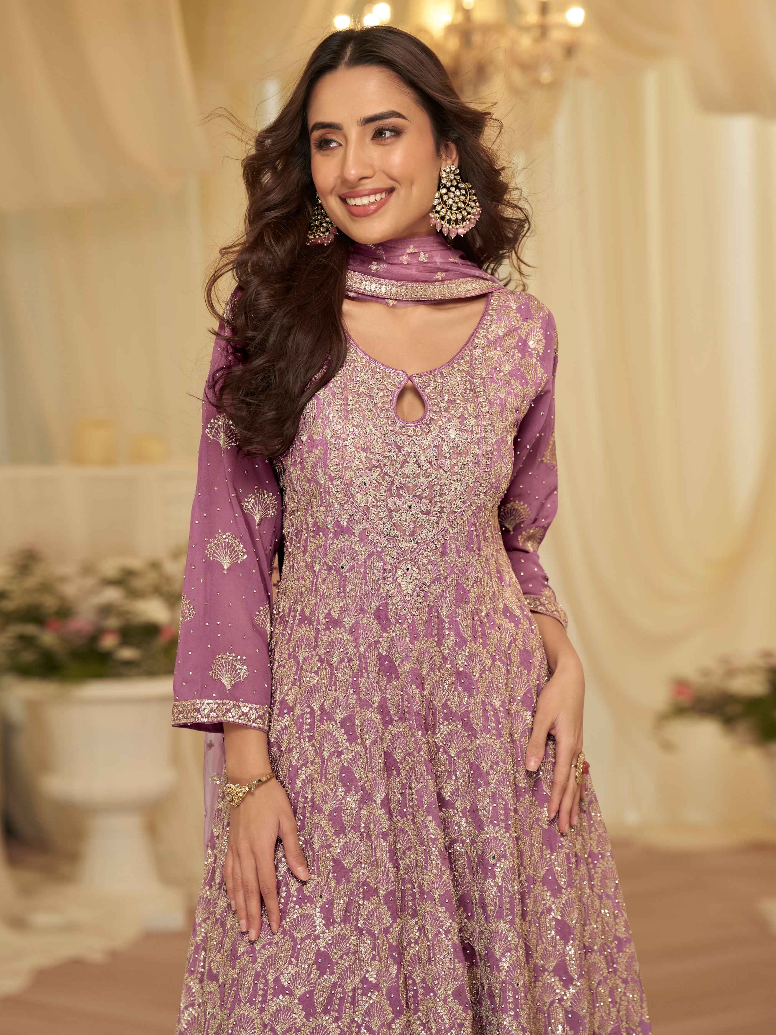 Purple Premium Georgette Heavy Embroidered Kurti Palazzo Set