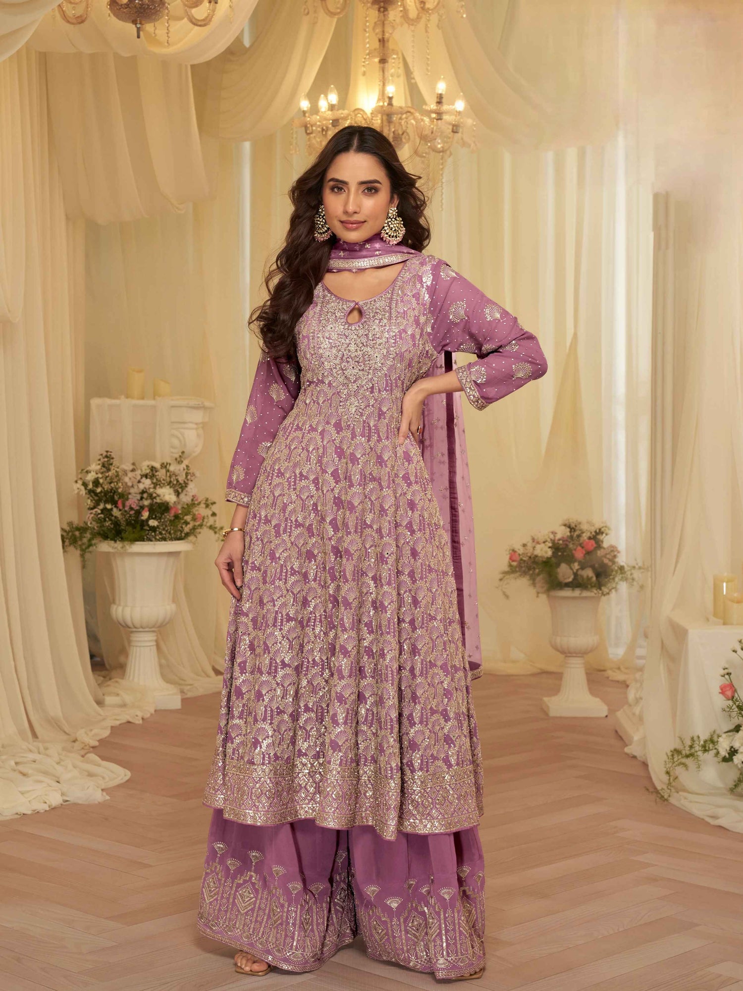 Purple Premium Georgette Heavy Embroidered Kurti Palazzo Set