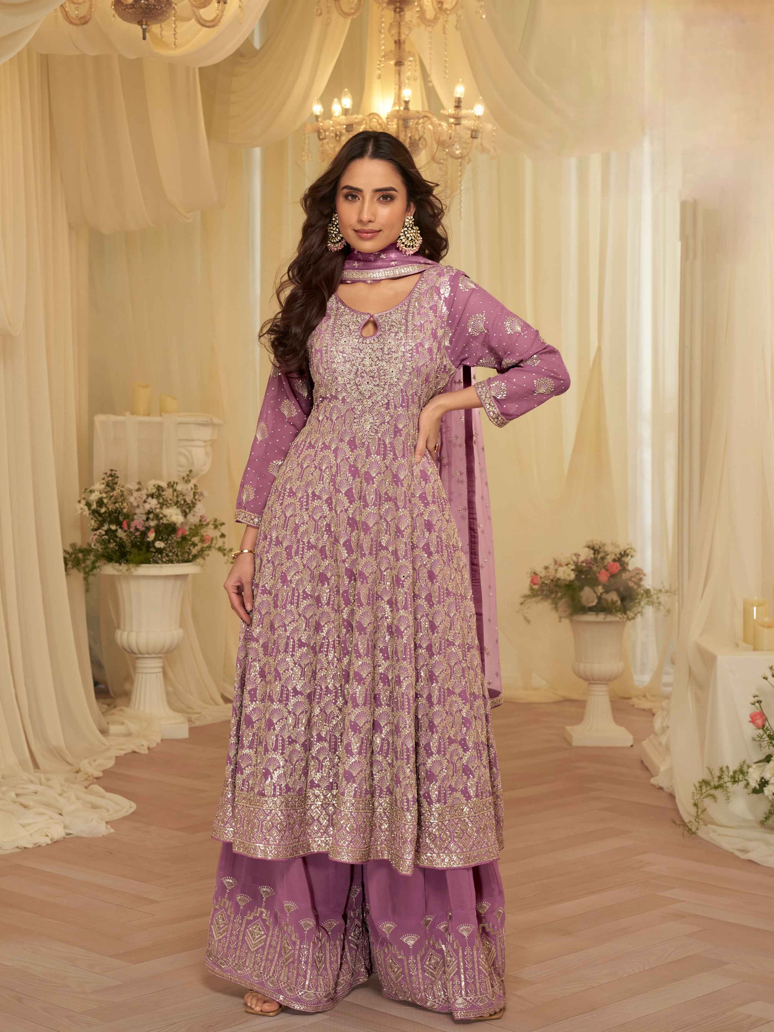 Purple Premium Georgette Heavy Embroidered Kurti Palazzo Set