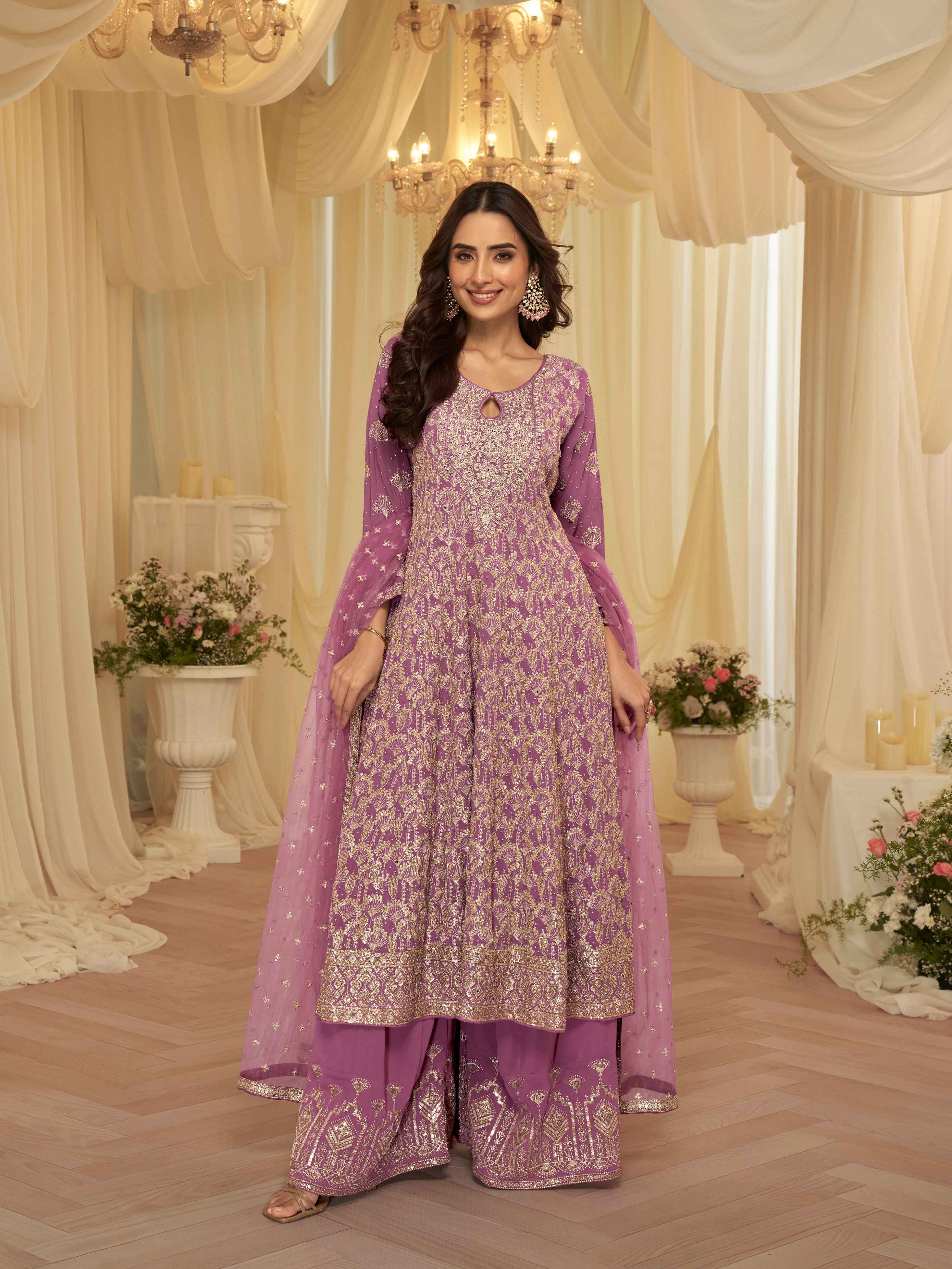 Purple Premium Georgette Heavy Embroidered Kurti Palazzo Set
