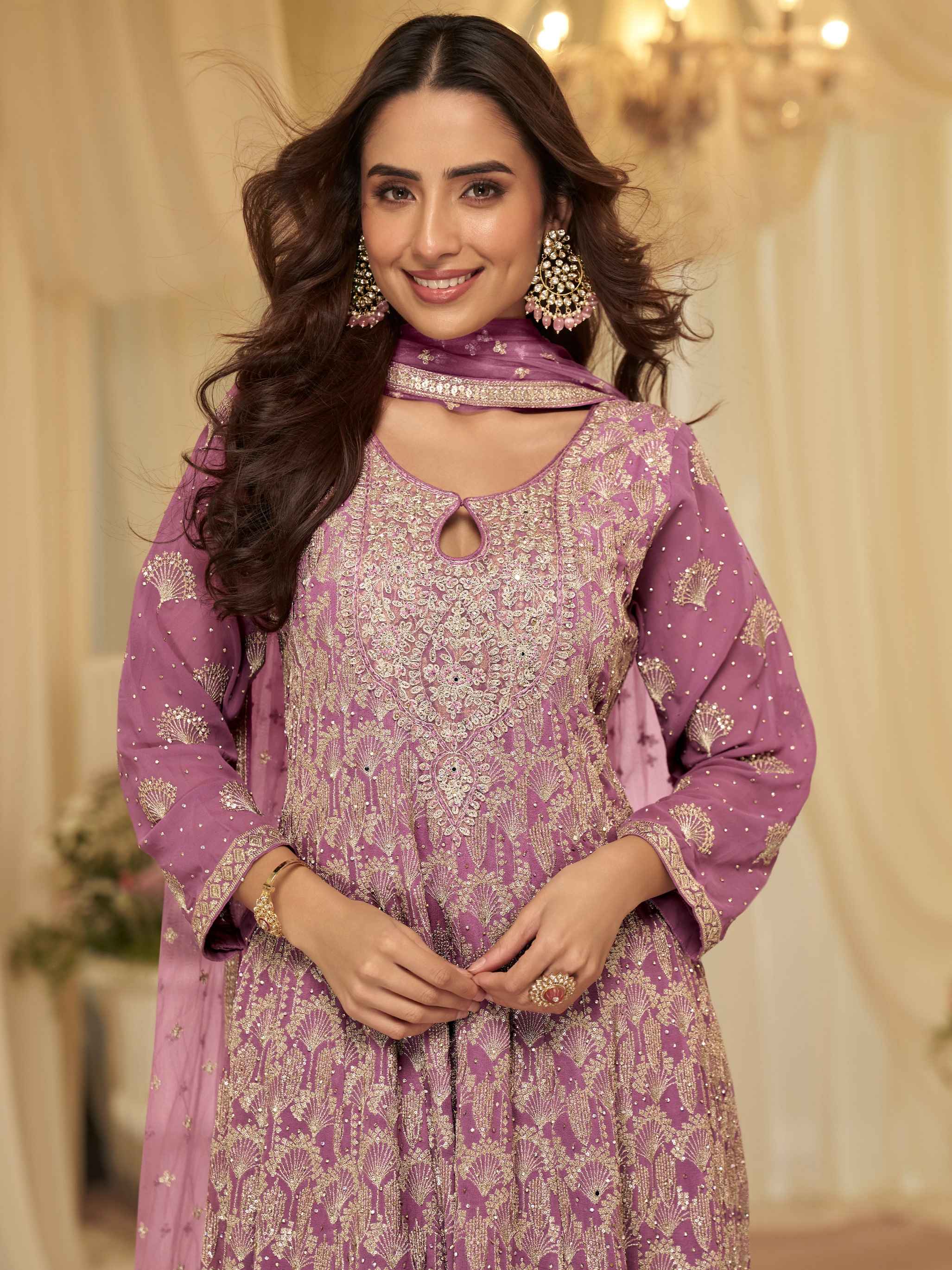 Purple Premium Georgette Heavy Embroidered Kurti Palazzo Set