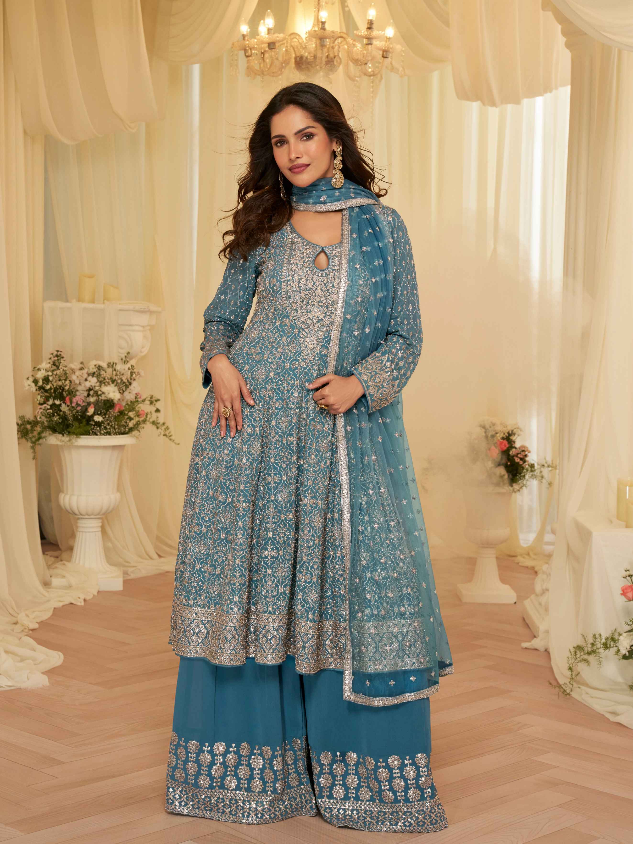 Teal Blue Premium Georgette Seroski Embroidered Kurti Palazzo Suit