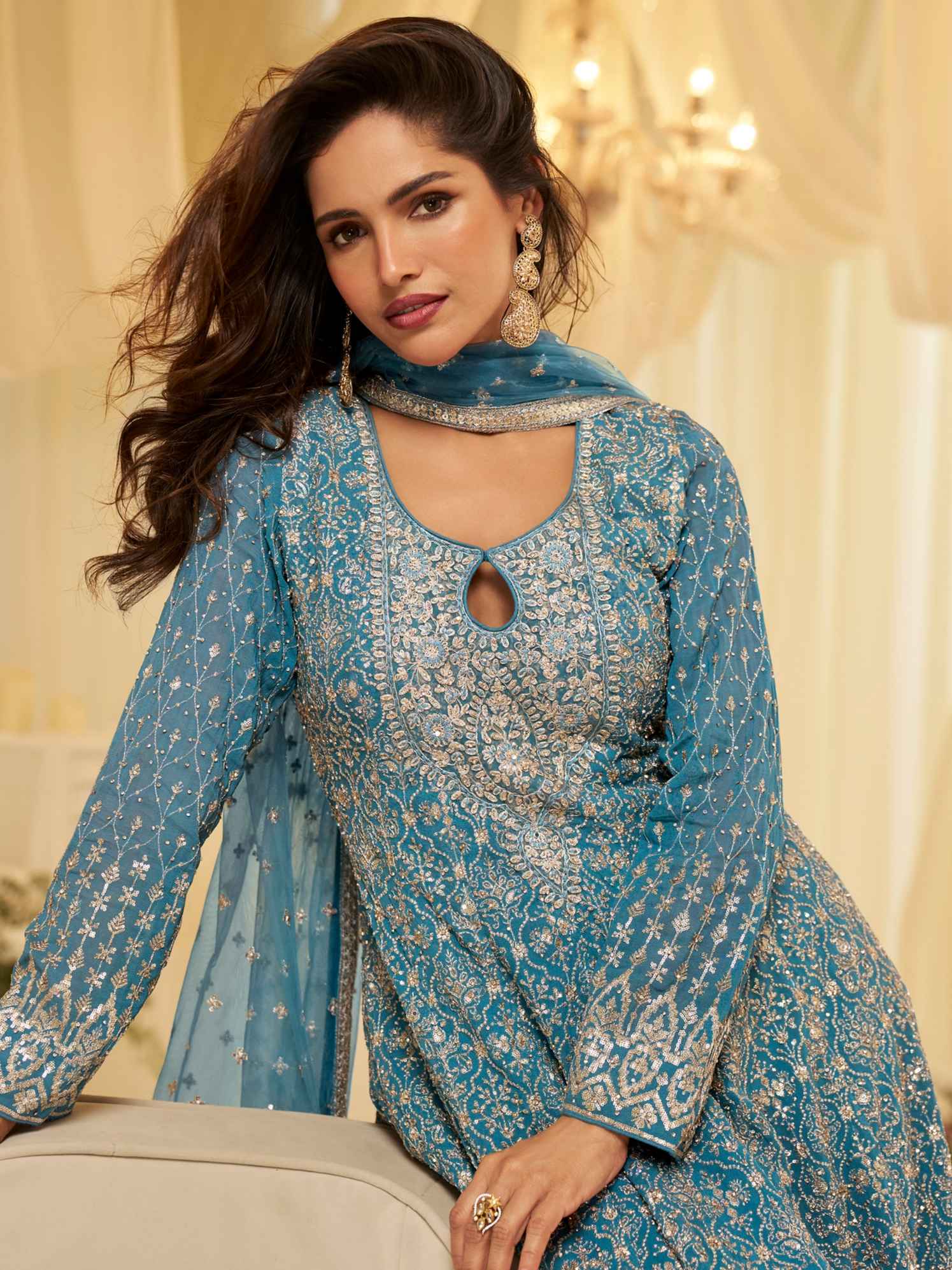 Teal Blue Premium Georgette Seroski Embroidered Kurti Palazzo Suit