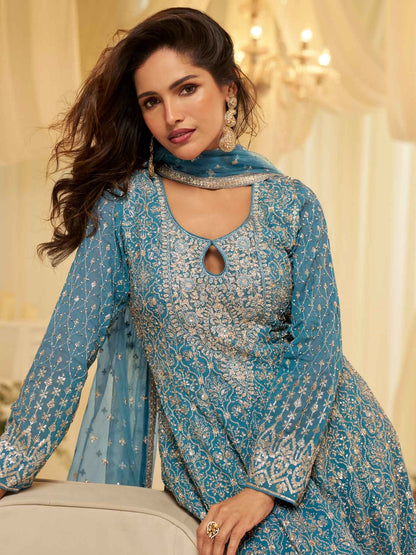 Teal Blue Premium Georgette Seroski Embroidered Kurti Palazzo Suit