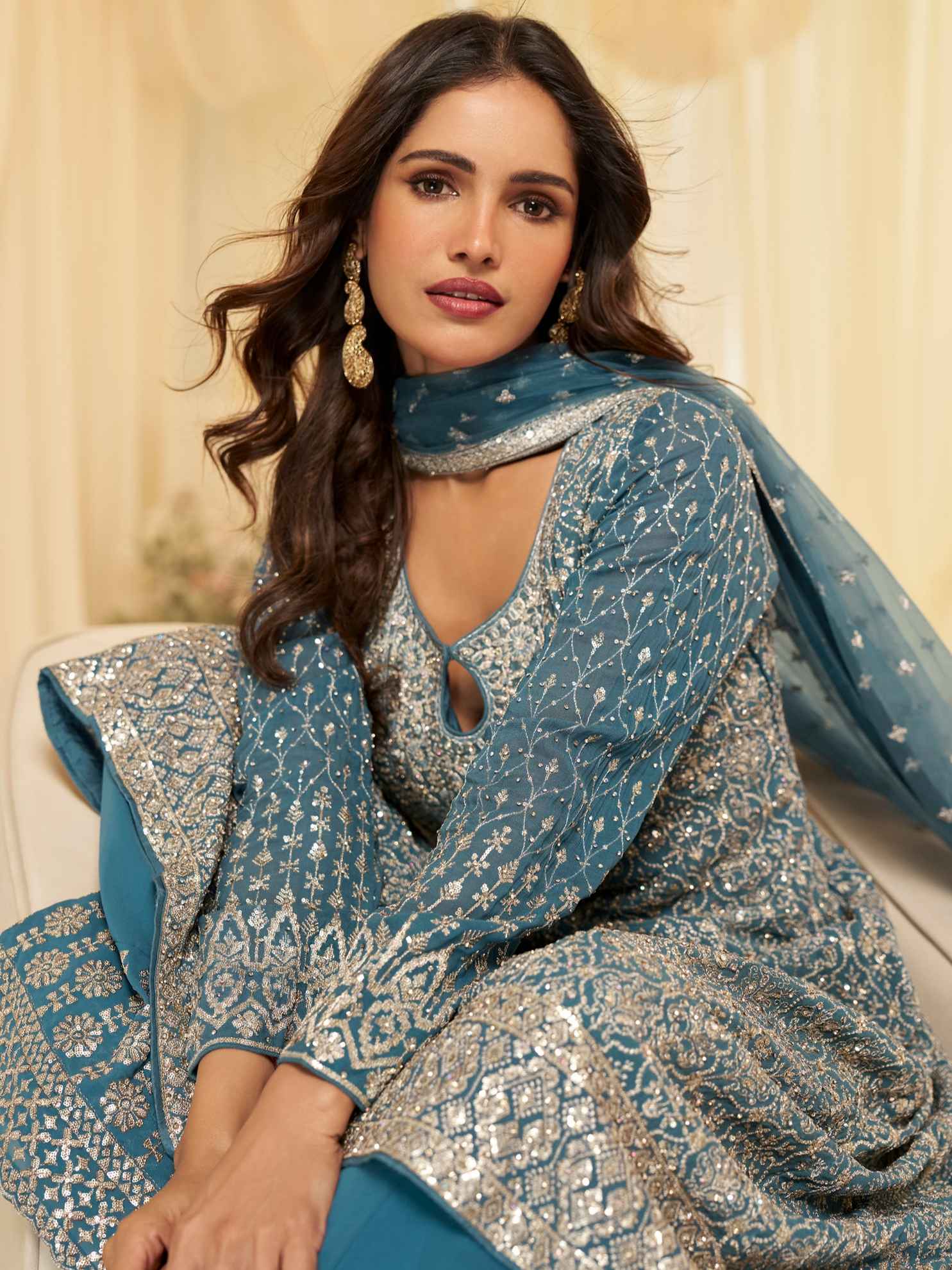 Teal Blue Premium Georgette Seroski Embroidered Kurti Palazzo Suit