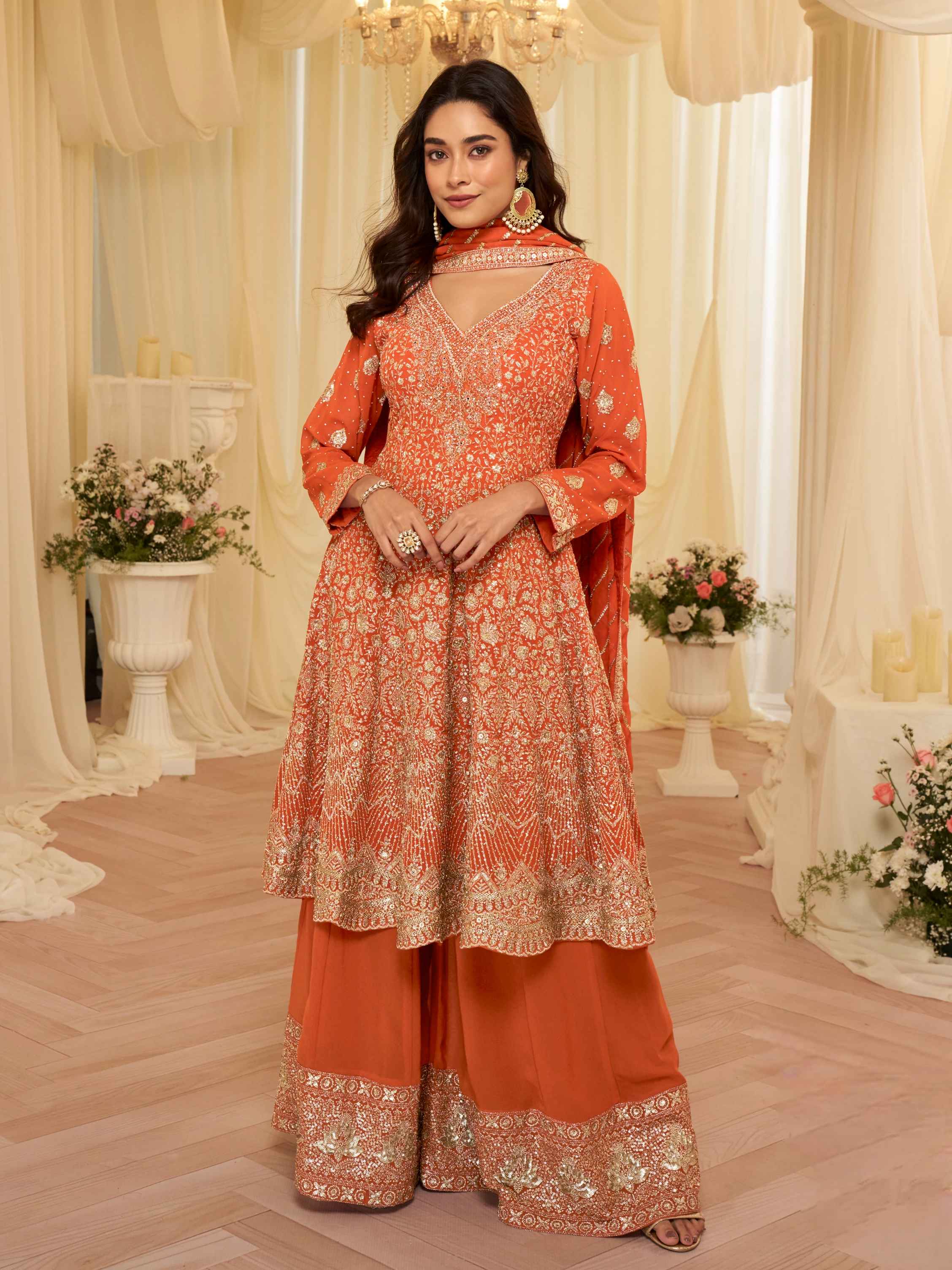 Orange Premium Georgette Heavy Work Kurti Palazzo with Dupatta