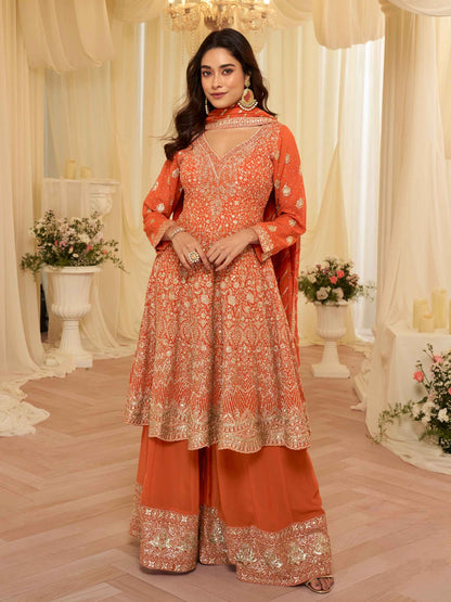 Orange Premium Georgette Heavy Work Kurti Palazzo with Dupatta