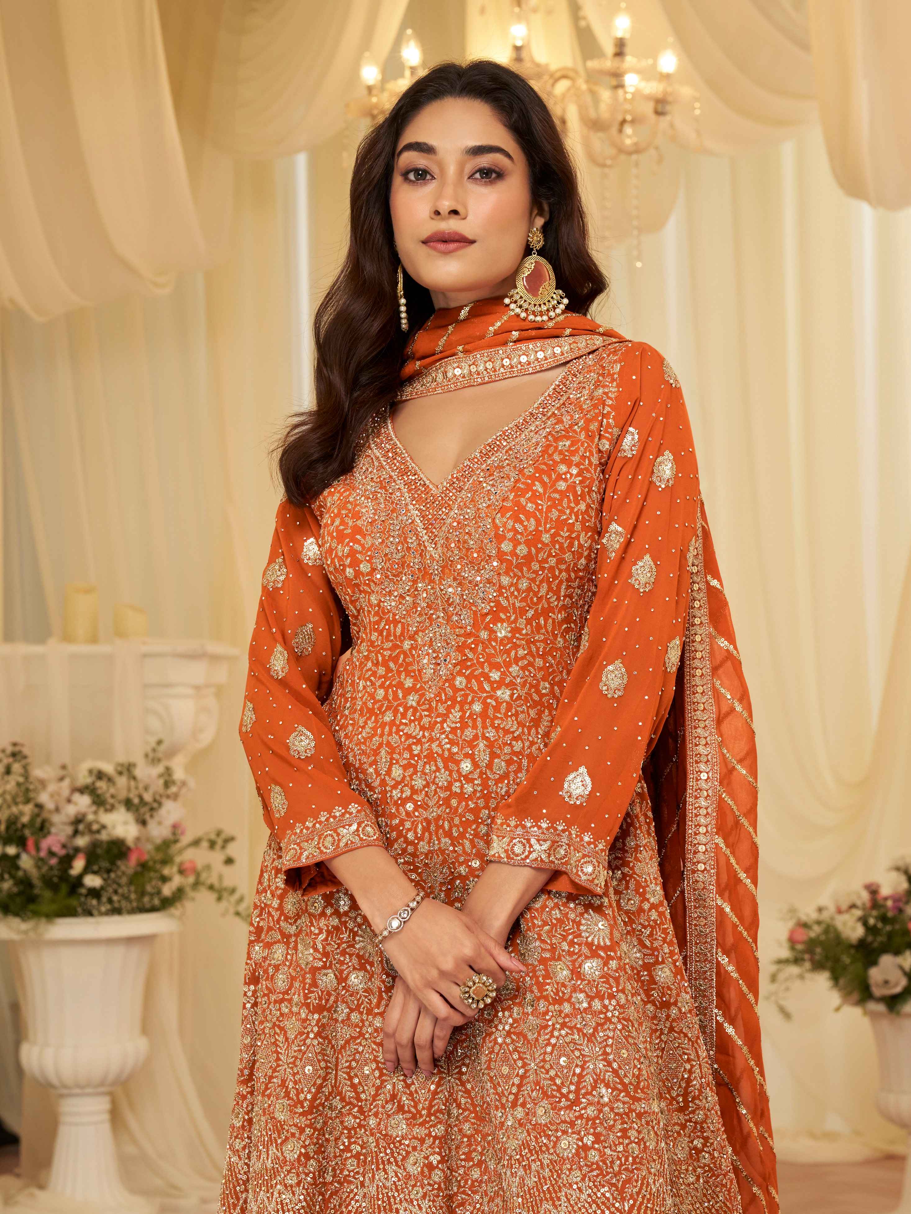 Orange Premium Georgette Heavy Work Kurti Palazzo with Dupatta