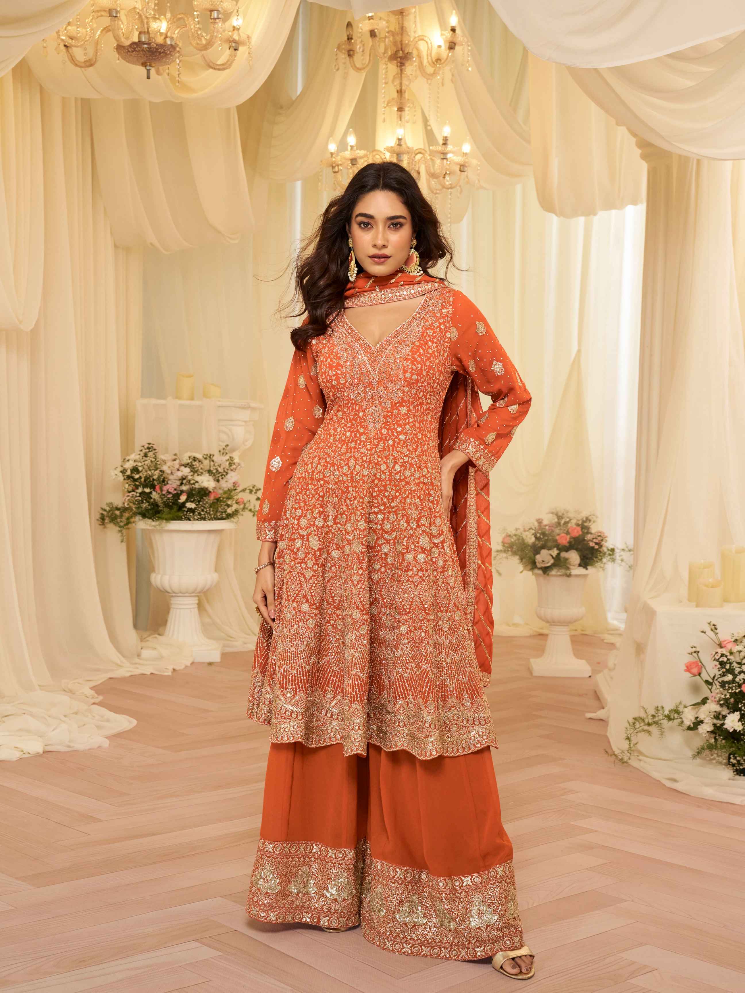 Orange Premium Georgette Heavy Work Kurti Palazzo with Dupatta