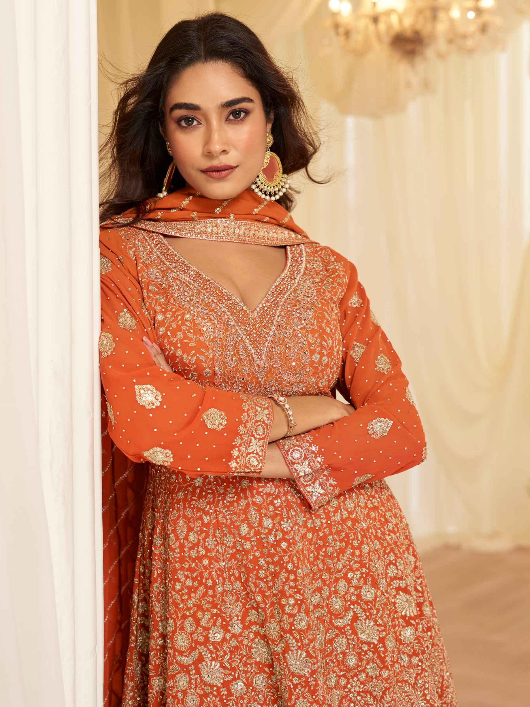 Orange Premium Georgette Heavy Work Kurti Palazzo with Dupatta