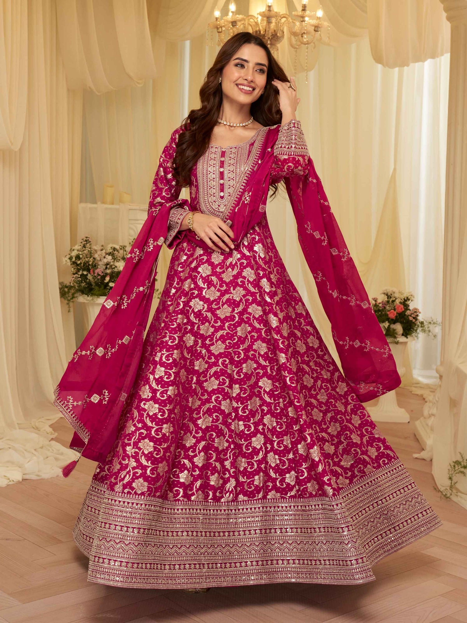 Wine Pure Viscose Jacquard Silk Embroidered Anarkali Gown with Dupatta